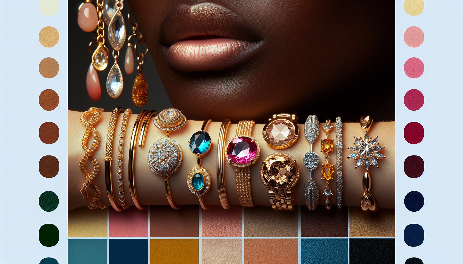 Guide to choosing jewelry for skin tone, highlighting cool/warm undertones and vibrant gold, silver, and gemstones.