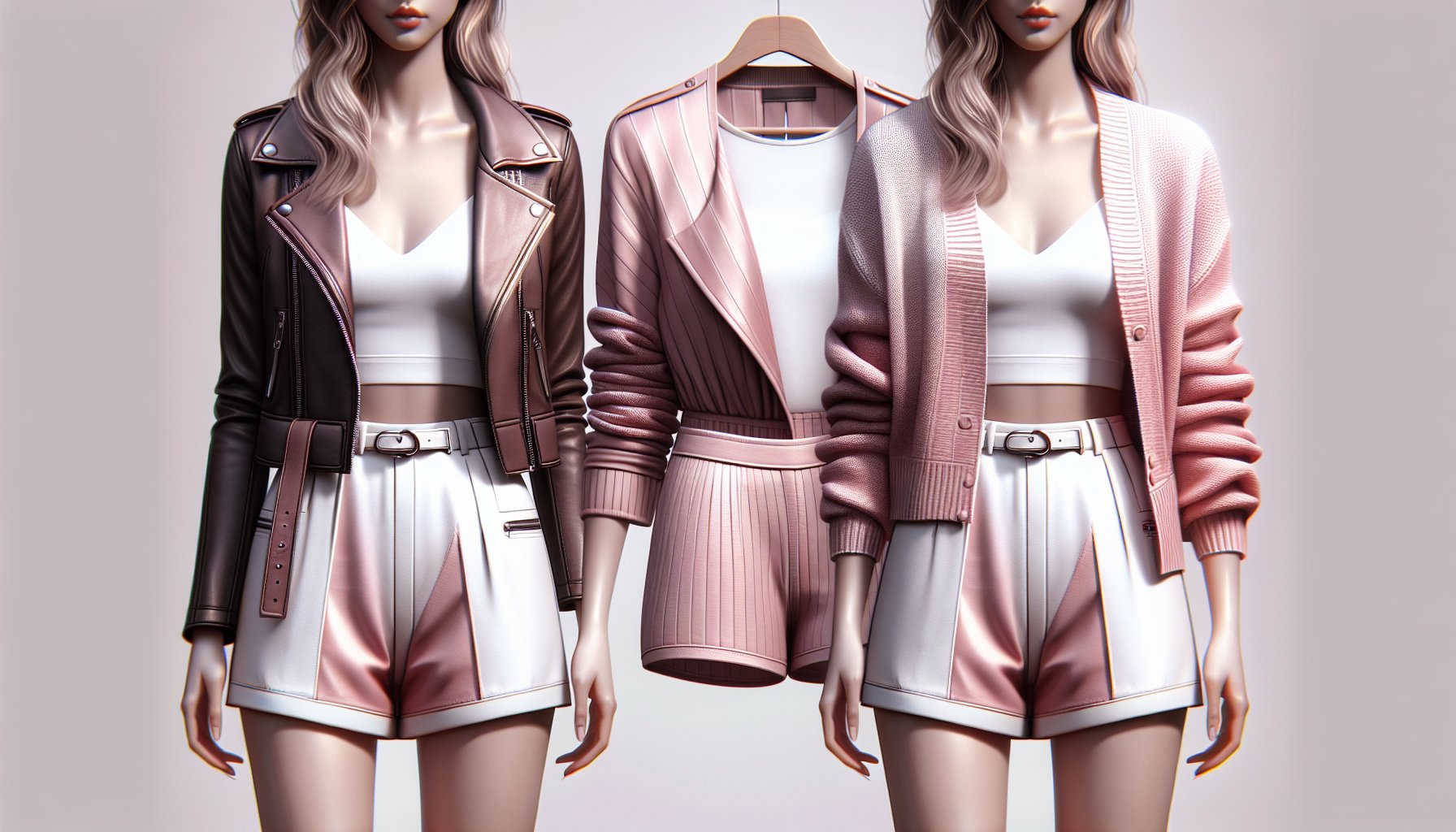 Casual short set styled with a leather jacket and soft cardigan for a chic, layered fashion transformation.