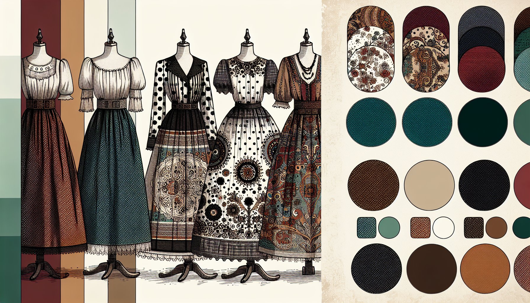 Five vintage-inspired dresses featuring playful polka dots and tapestry fabrics, highlighting sustainable fashion at Espace Cannelle.