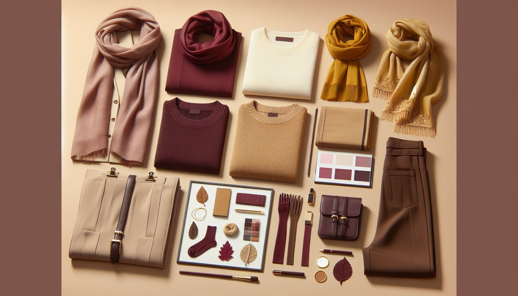 Burgundy, butter yellow, and chocolate brown scarves showcase 2025's sustainable fashion color trends.