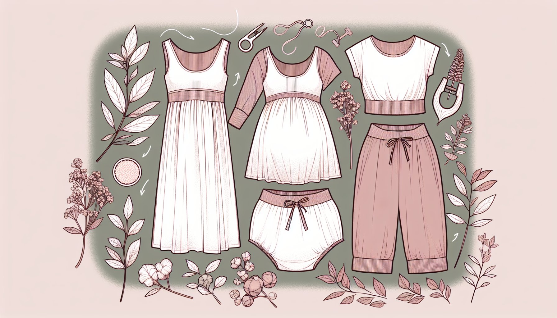 Sustainable bottoms featuring eco-friendly fabrics like organic cotton and recycled textiles for maternity wear trends in 2025.