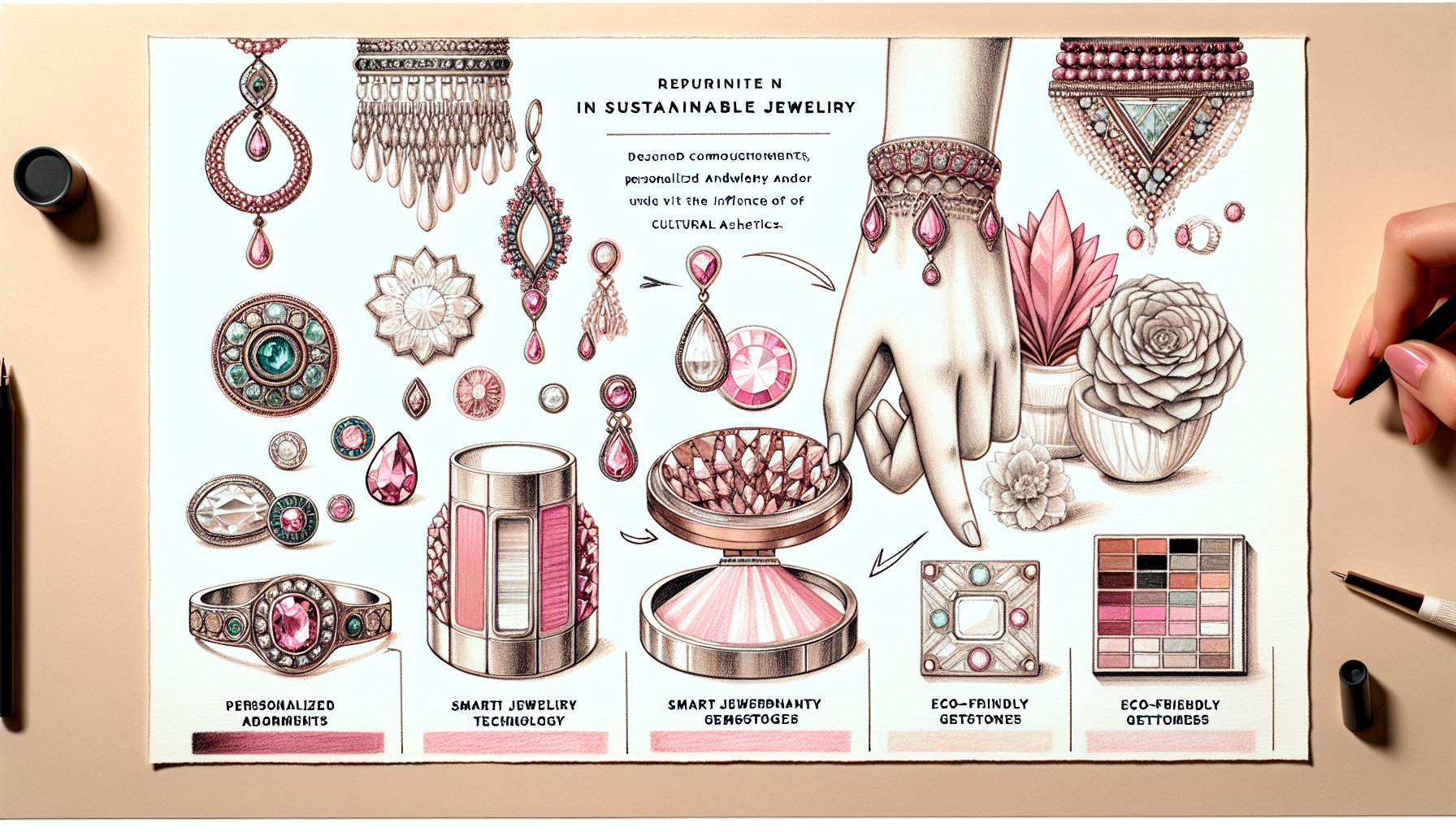 2025 jewelry trends showcase sustainable designs, personalized adornments, smart tech, eco-friendly gems, and cultural influences.