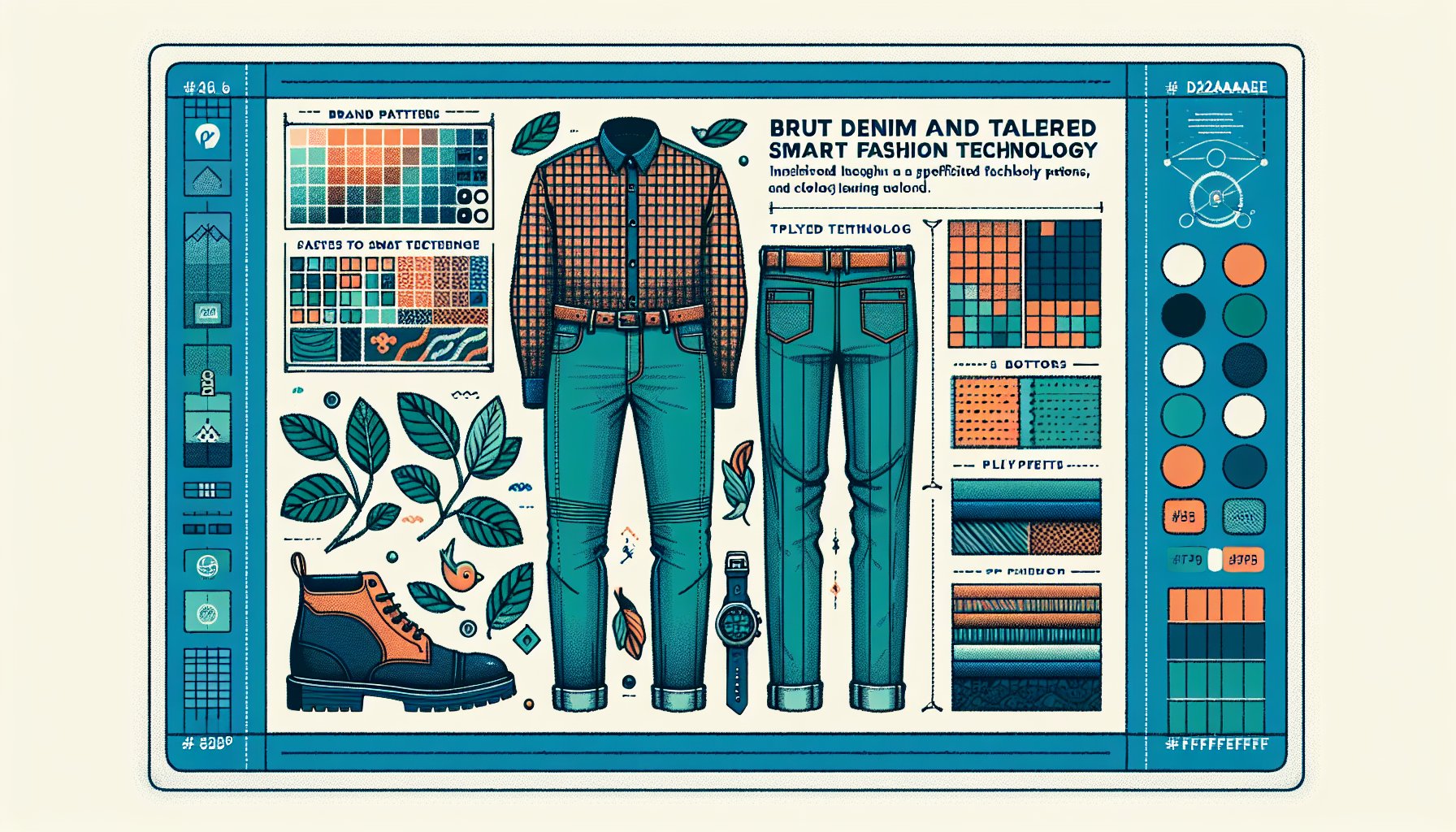 Brut denim and tailored bottoms in an aquatic palette showcase playful patterns and smart fashion technology for 2025 trends.