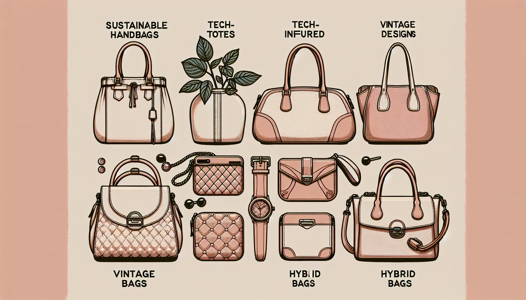 Stylish collage of 10 must-have bags for 2025, featuring sustainable handbags, tech-infused totes, and vintage-inspired designs.