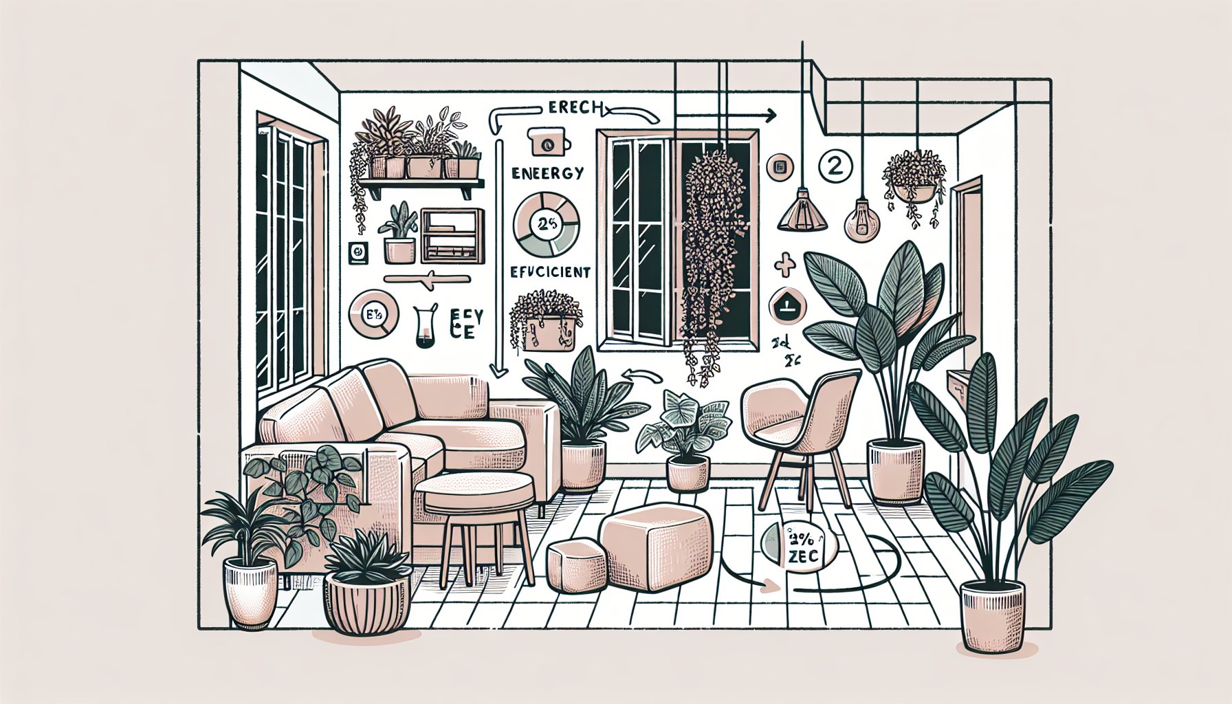 Sustainable home décor tips for 2025, featuring eco-friendly design, biophilic elements, energy efficiency, and upcycled furniture.