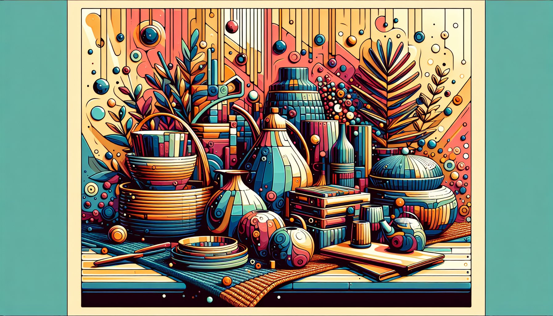 Stylish home décor accessories featuring sustainable materials, multifunctional designs, artisanal touches, and bold colors.