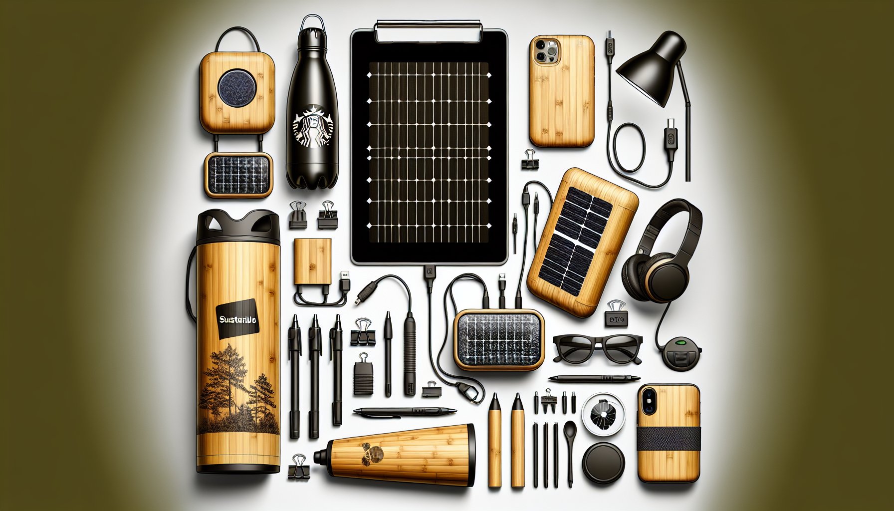Nine eco-friendly promotional products and personalized swag for sustainable branding in tech company marketing.