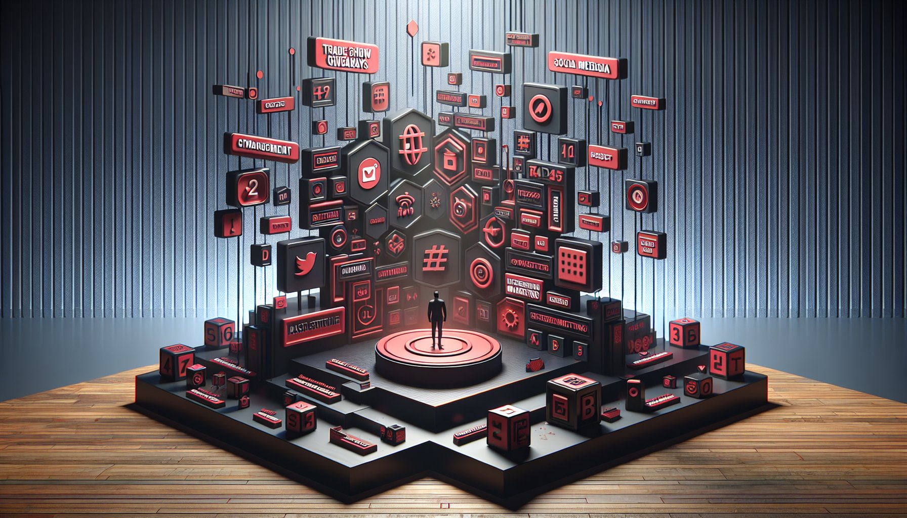 Trade show giveaway strategies using social media engagement, hashtag tactics, user-generated content, and influencer marketing.