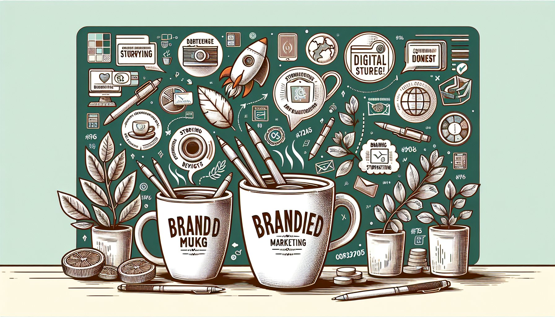 Branded mugs showcasing eco-friendly materials and storytelling designs, reflecting 2025 mug market trends and digital marketing strategies.