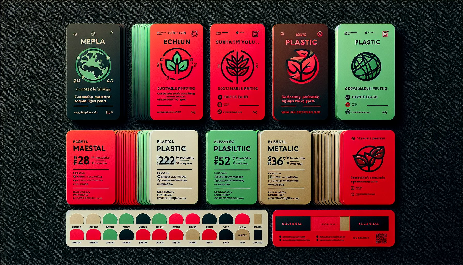 Guide to choosing business card materials, including eco-friendly, plastic, metallic finishes, and sustainable printing techniques.