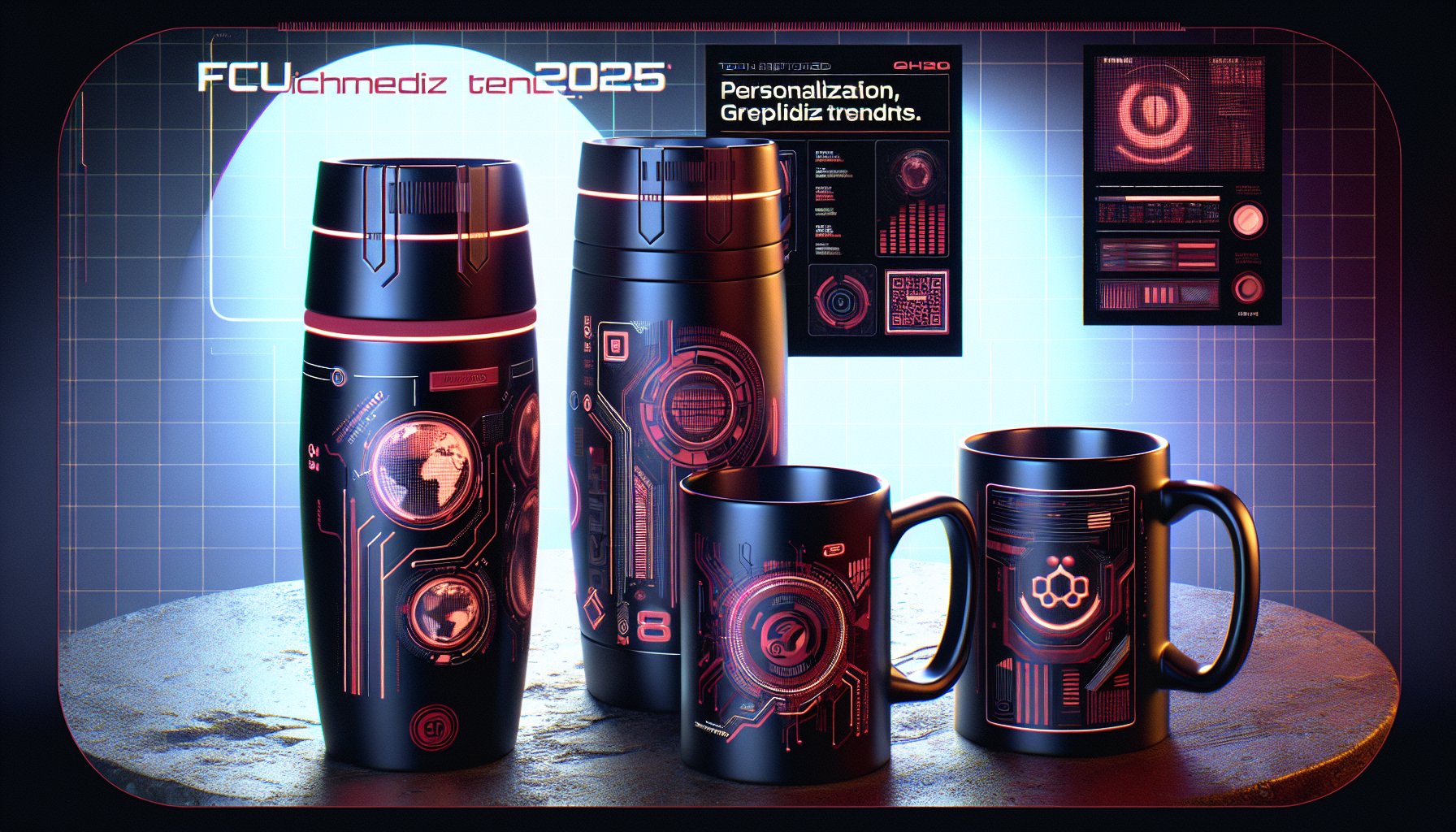 Branded mug showcasing eco-friendly materials, personalization trends, and tech features reflecting 2025 consumer preferences.