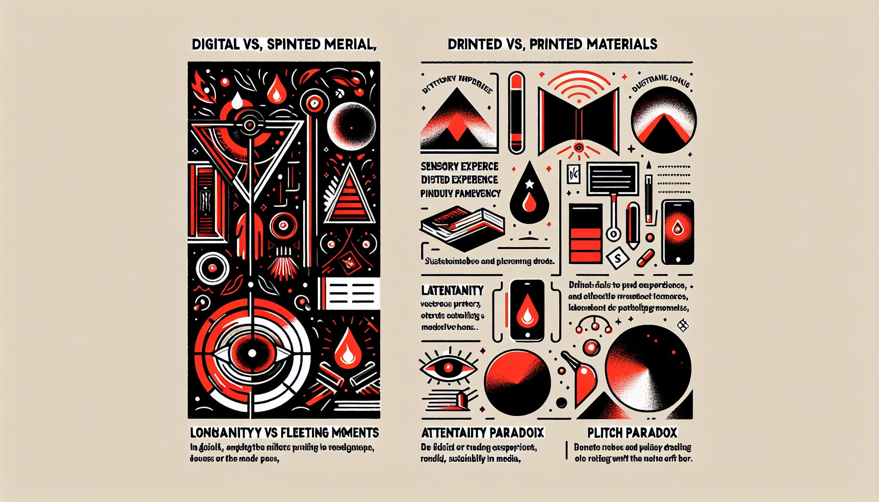Comparison of digital vs printed materials highlighting sensory experience, longevity, sustainability, and attention paradox.