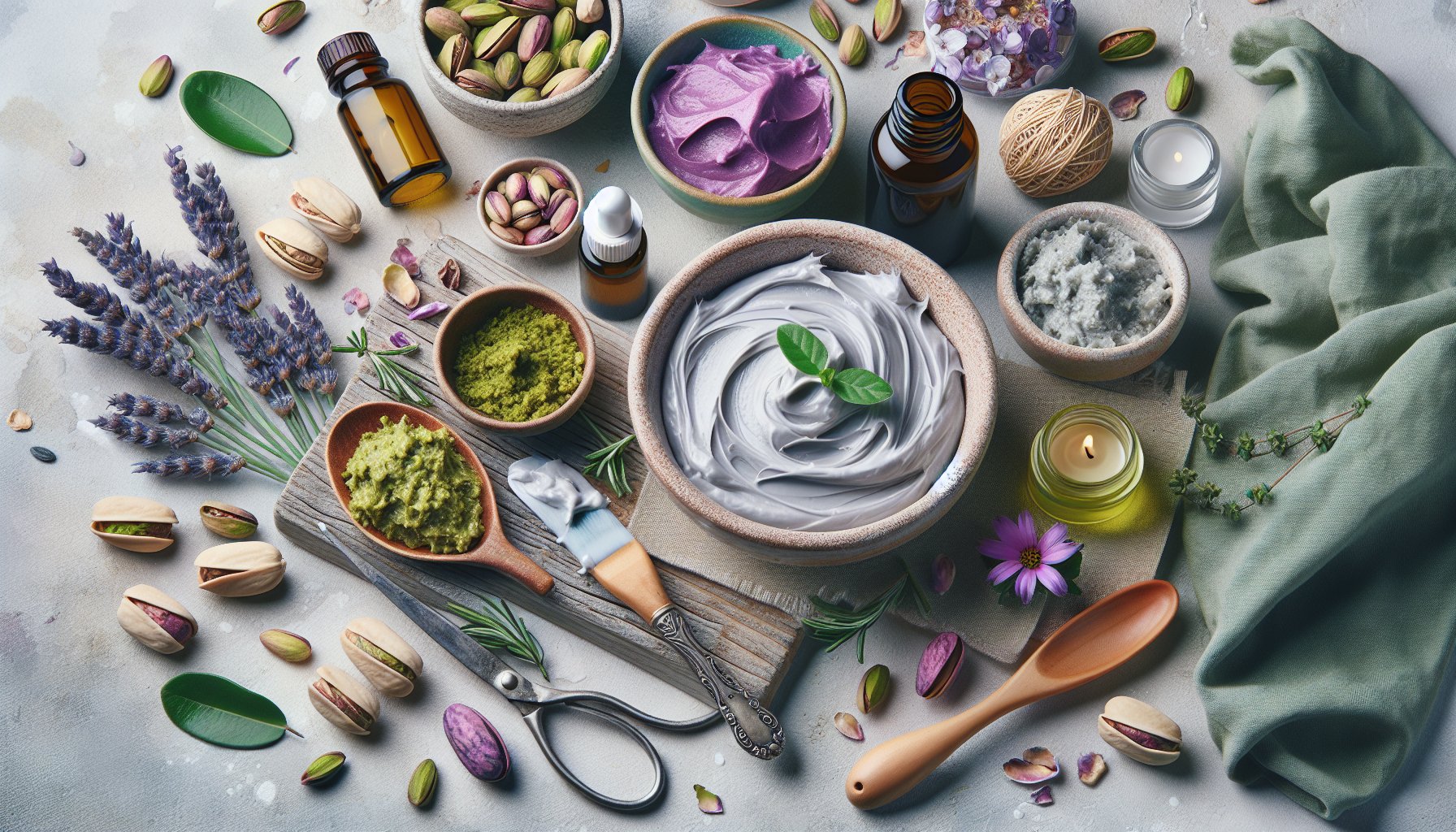 DIY pistachio cream recipe with natural ingredients and essential oils for crafting skincare at home.