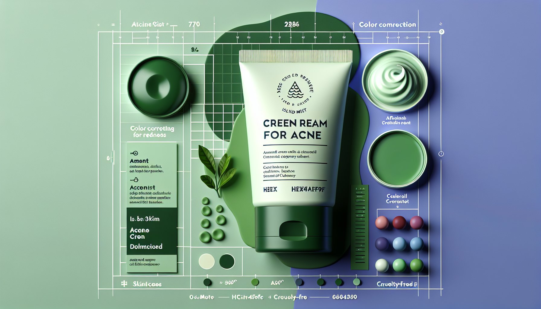 Green cream for acne by Island Mist: a natural, cruelty-free treatment for redness and color correction.