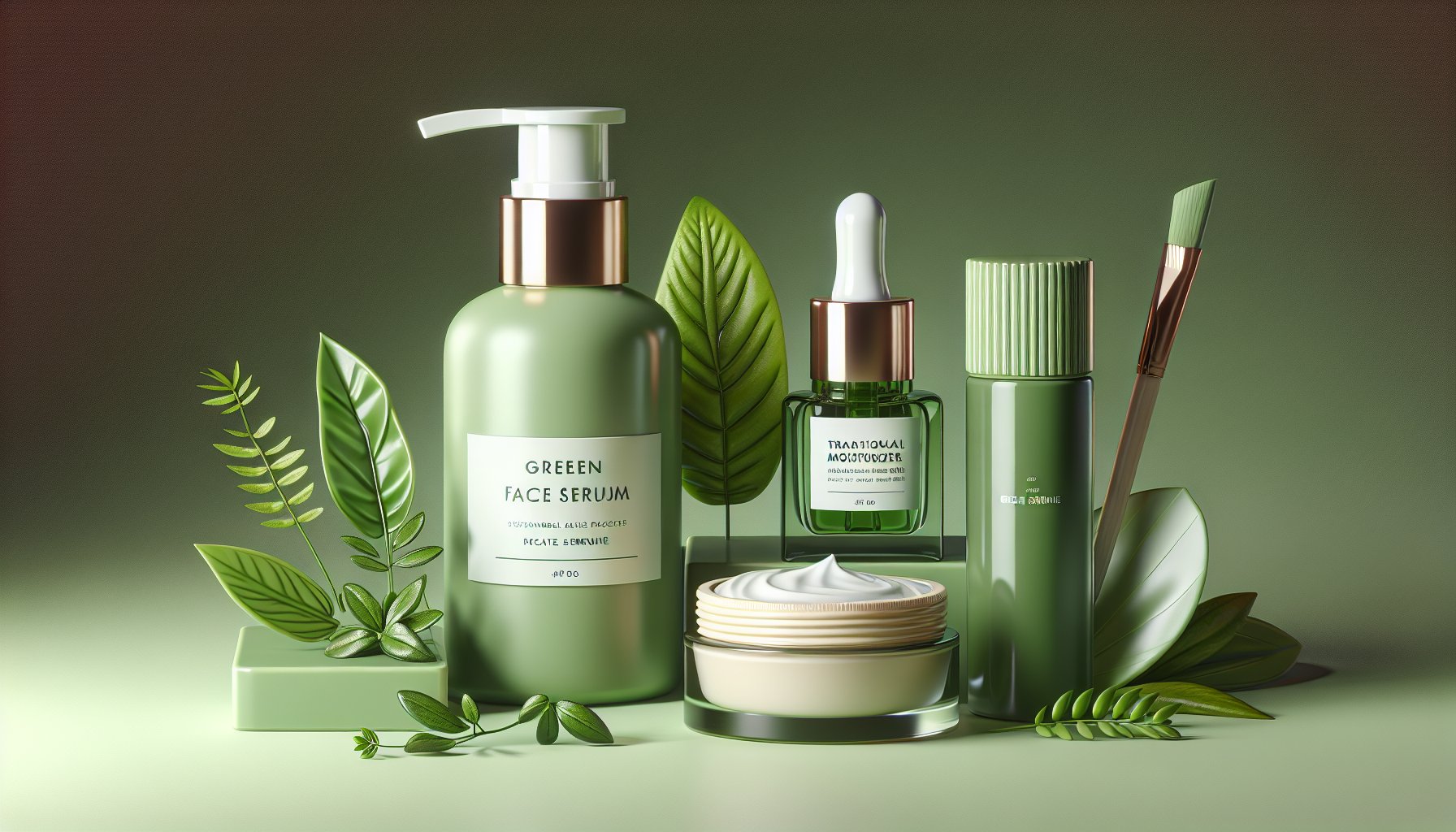Comparison of green face serums and traditional moisturizers in sustainable skincare using plant-based ingredients.