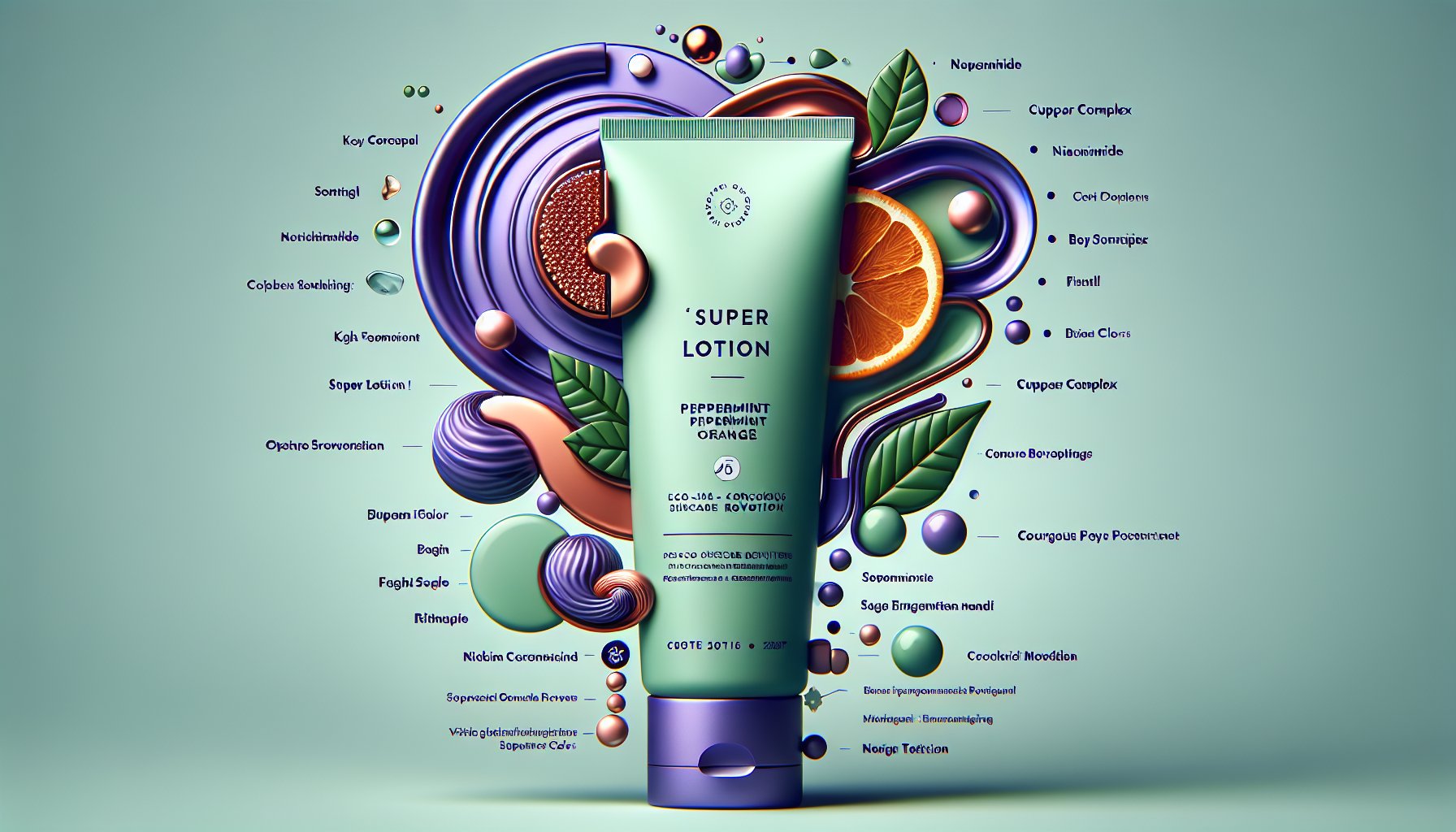 Super Lotion Peppermint Orange combines copper complex and niacinamide for an eco-conscious skincare revolution.