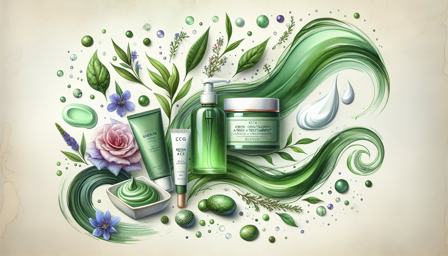 Green cream for acne featuring EGCG benefits from green tea as a natural treatment for clearer skin and sustainable skincare solutions.