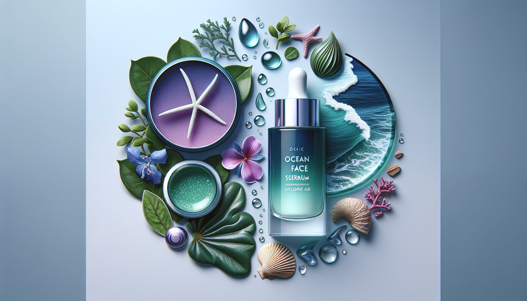 Ocean face serum with marine-inspired ingredients and hyaluronic acid for a sustainable skincare routine.