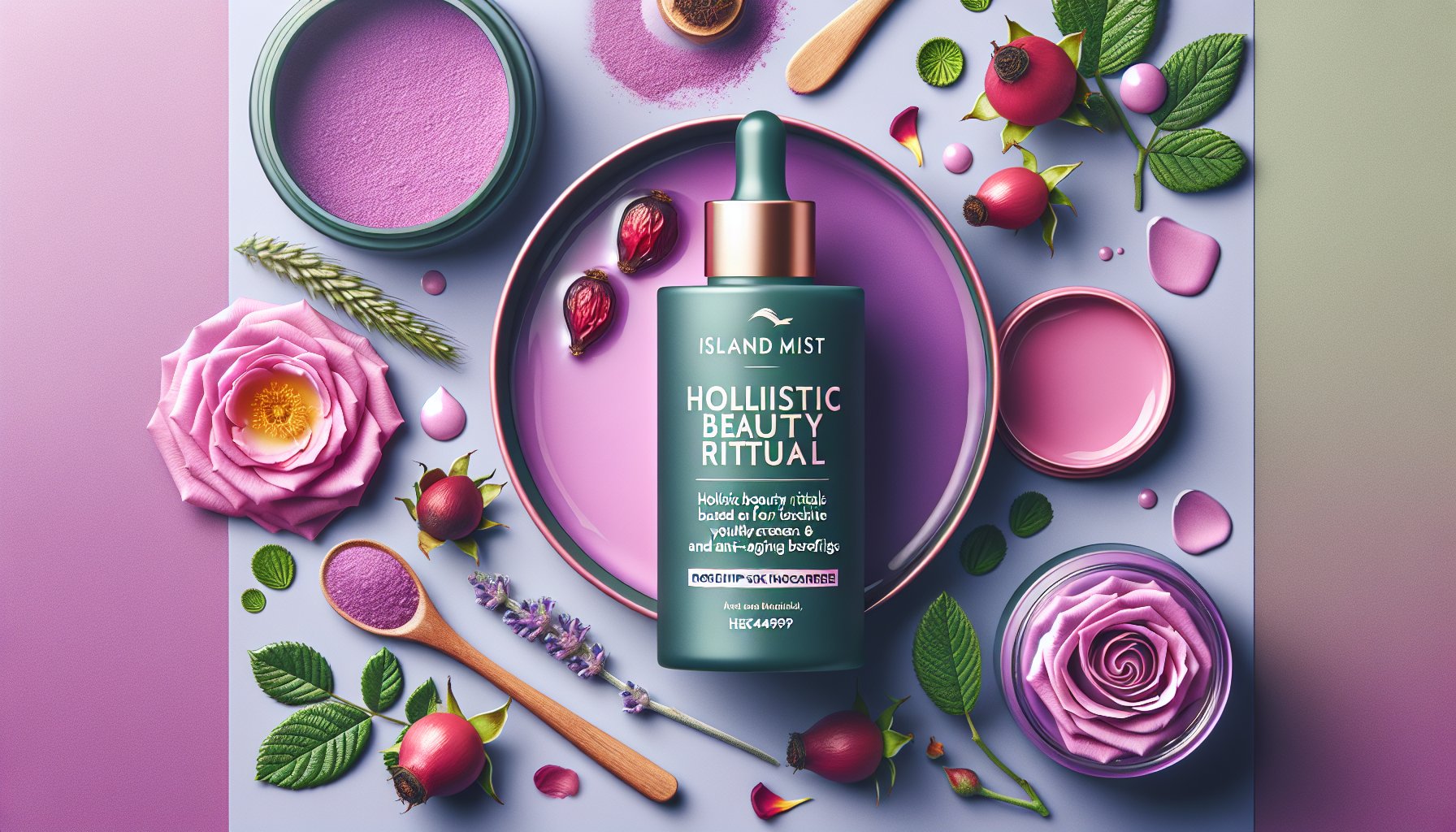 Rosehip toning mask for youthful skin, highlighting anti-aging benefits and holistic beauty with Island Mist products.