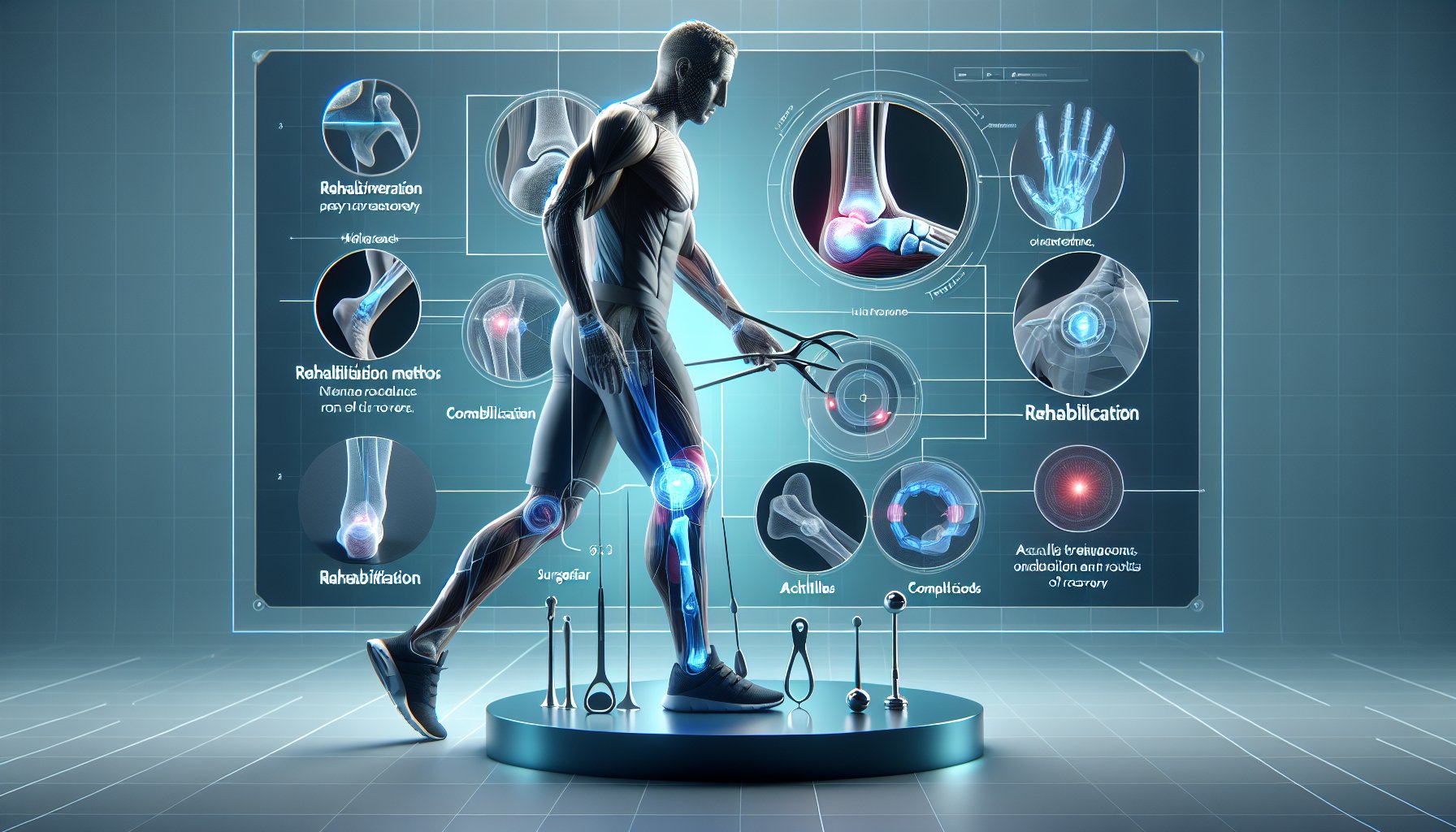 Illustration explaining Achilles tendon repair techniques, rehabilitation, complications, and long-term outcomes.