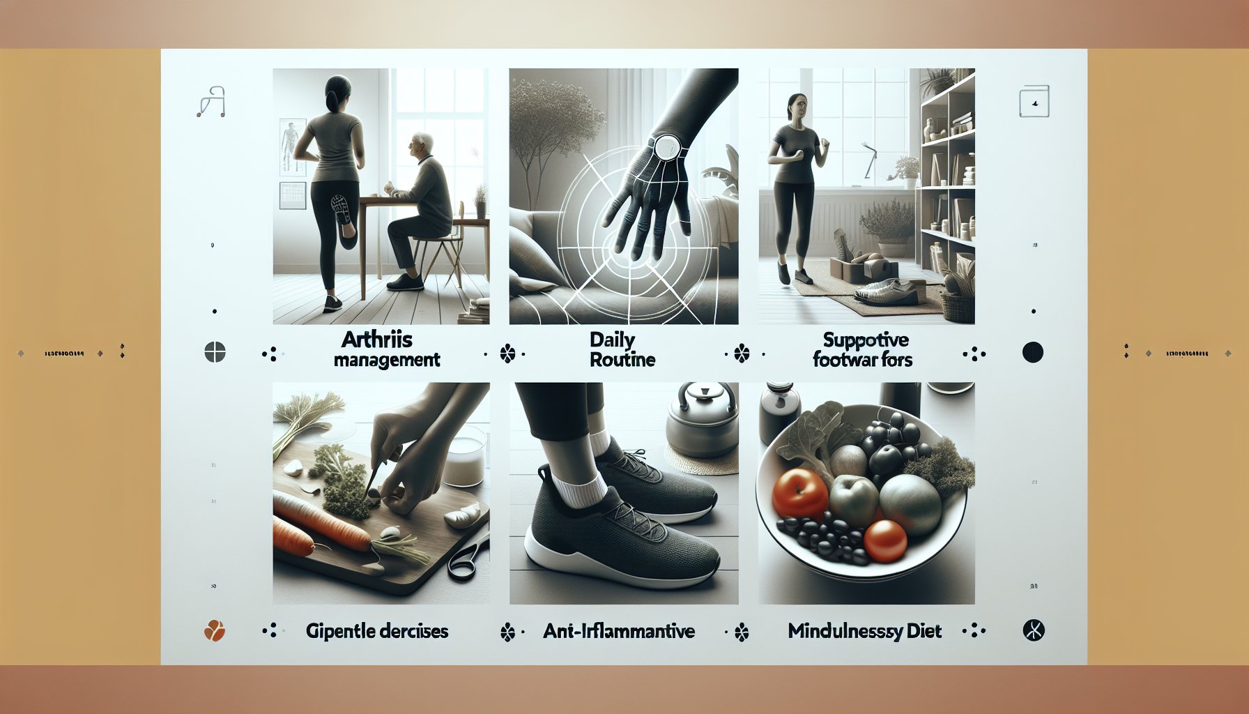 Guide to creating a daily routine for arthritis management, focusing on supportive footwear, diet, and mindfulness techniques.