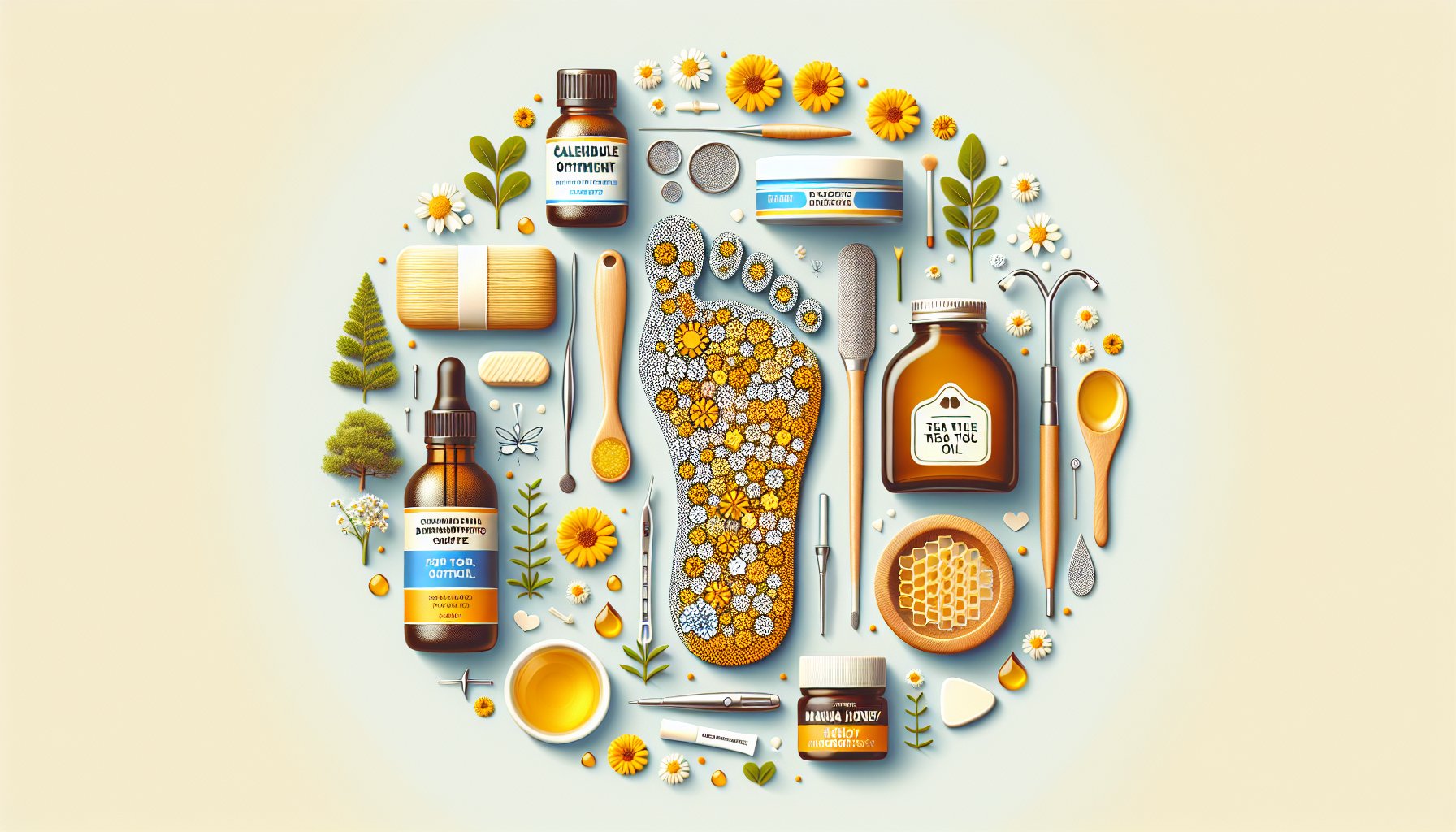 Guide on natural remedies for foot wounds, featuring calendula ointment, tea tree oil benefits, and Manuka honey healing.