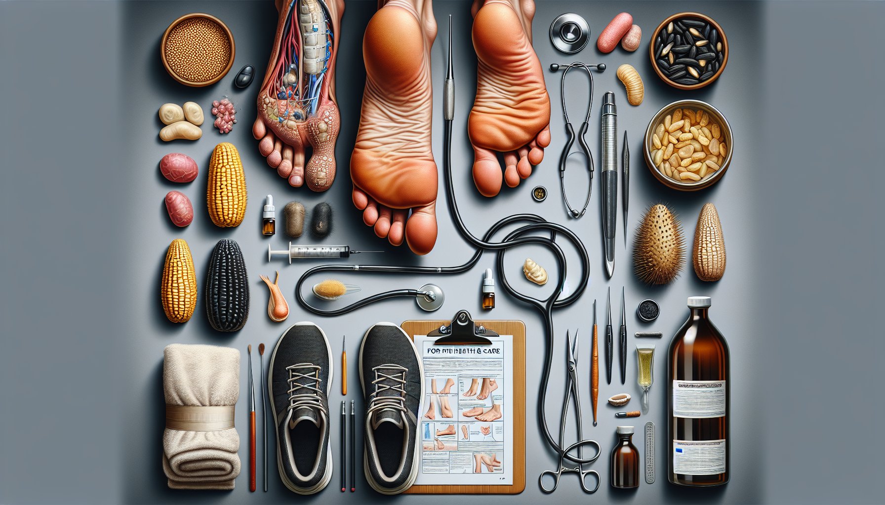 Stepwise guide on treating corns and calluses with home remedies, podiatrist tips, and proper footwear for diabetic foot care.