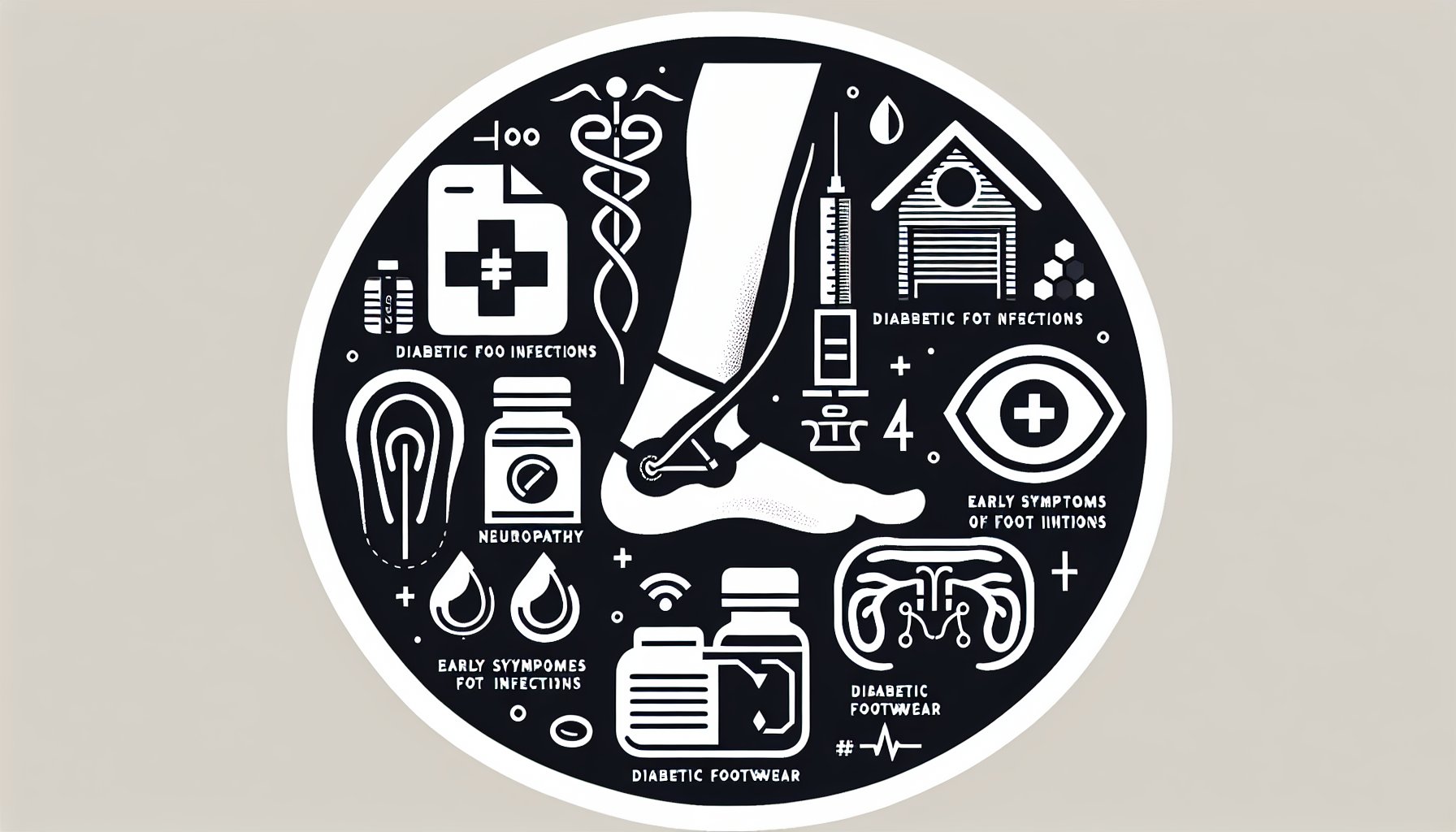 Infographic on recognizing and treating diabetic foot infections, highlighting symptoms, neuropathy, footwear, and nutrition.