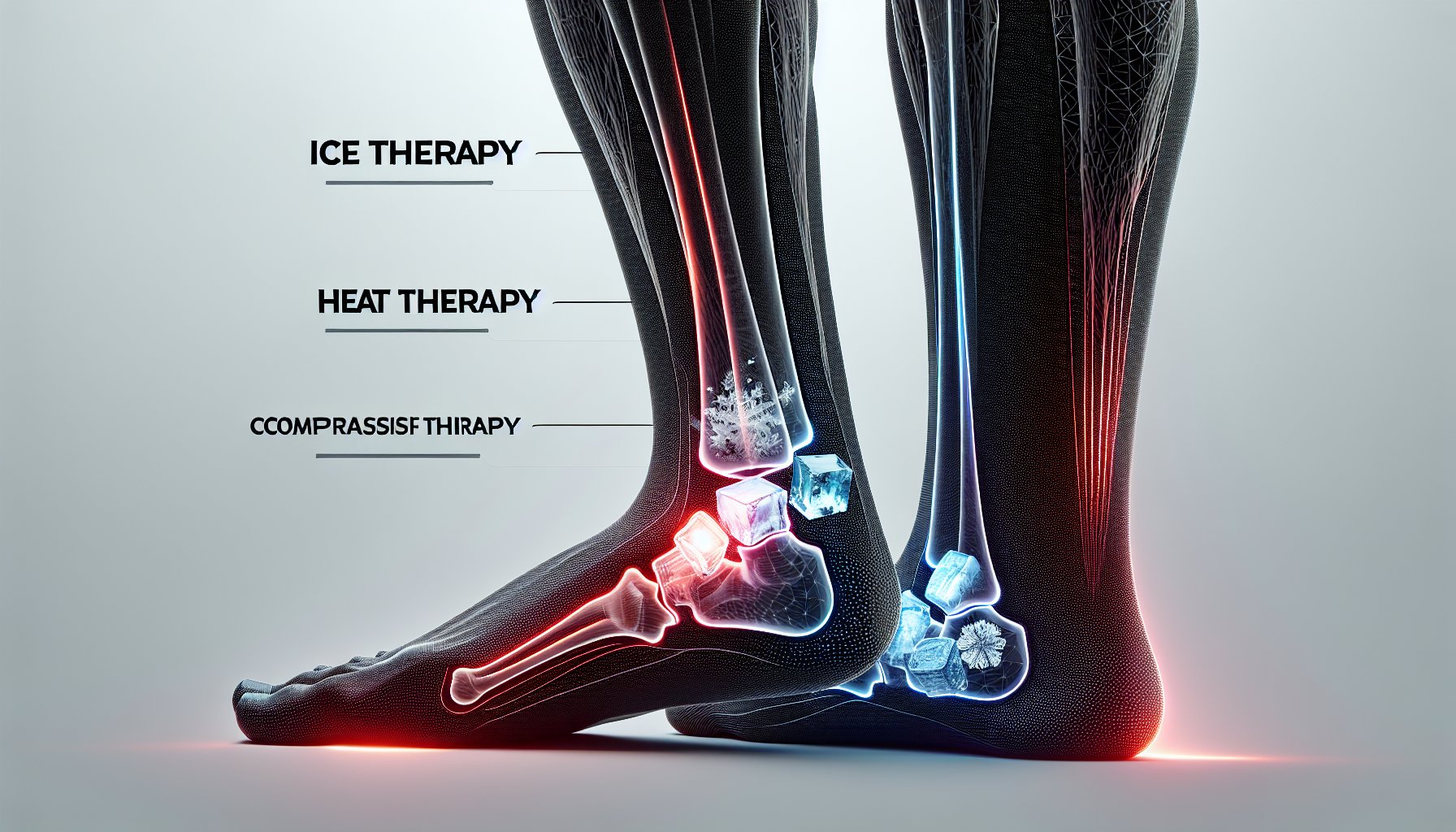 Guide on using ice and heat therapy for ankle pain relief, featuring cryotherapy and compression techniques.
