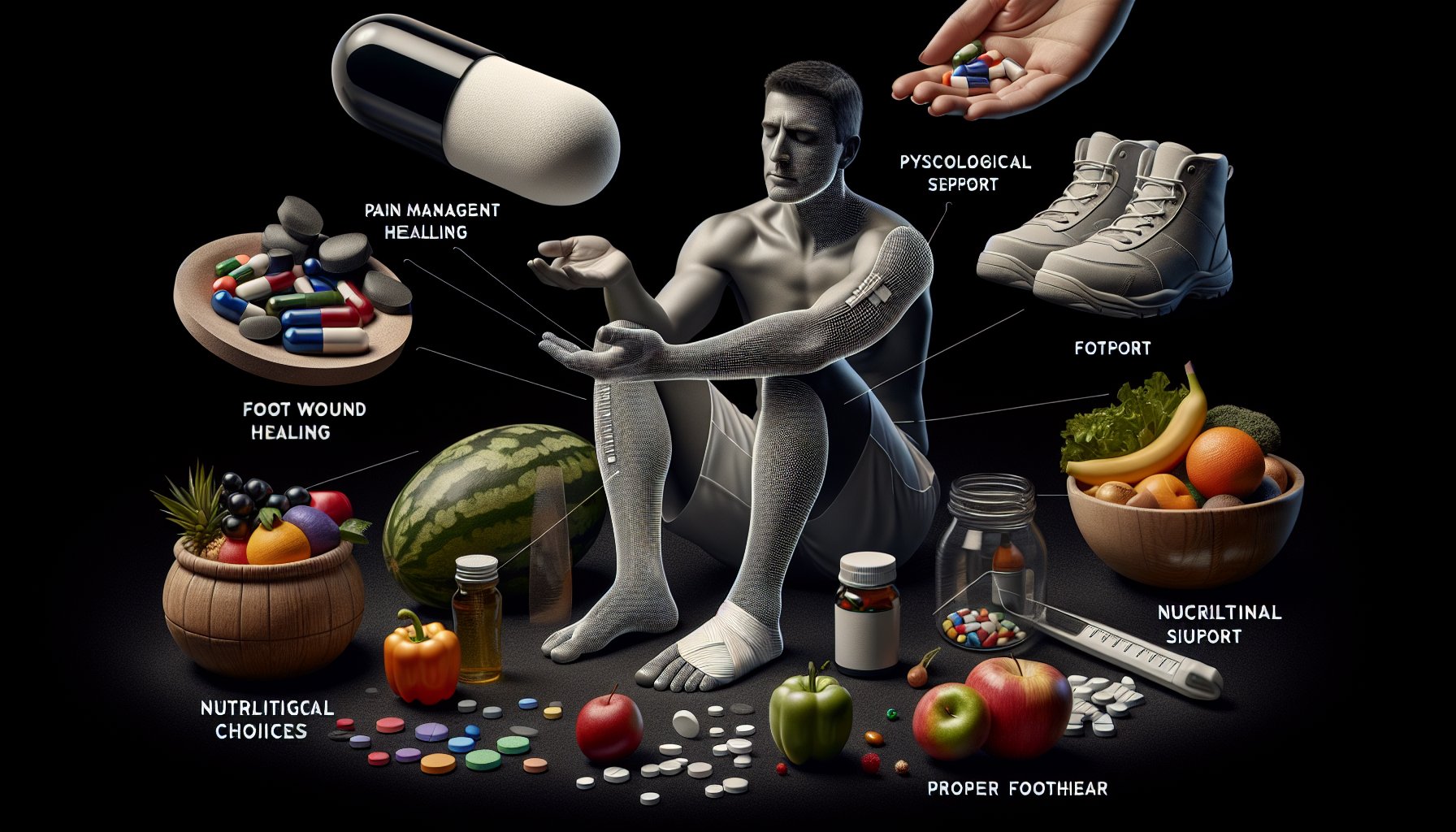 Strategies for pain management in foot wound healing, including psychological support, nutrition, and proper footwear.