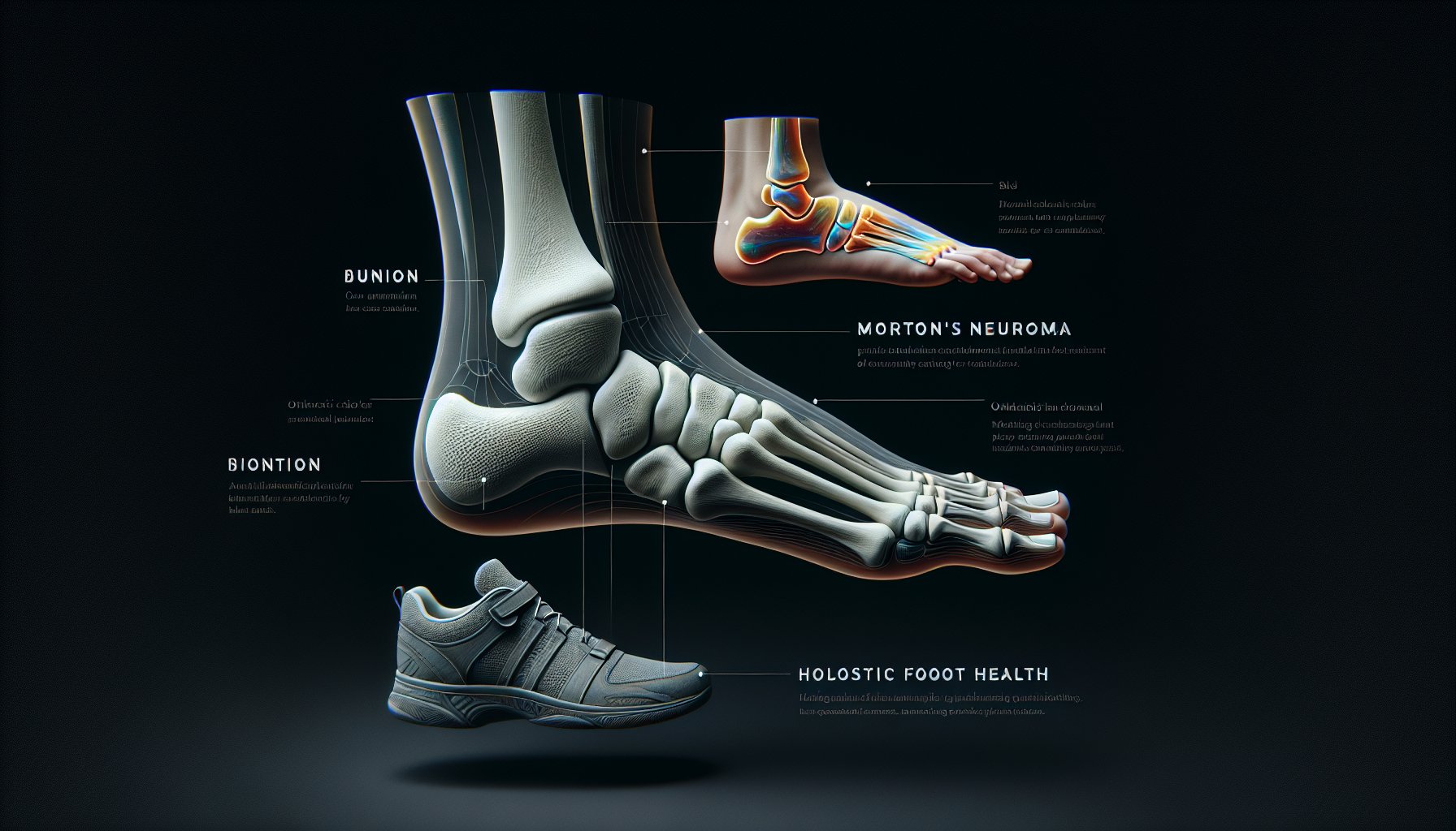 Diagram illustrating foot structure, bunions treatment, Morton’s neuroma, and holistic footwear choices for better foot health.
