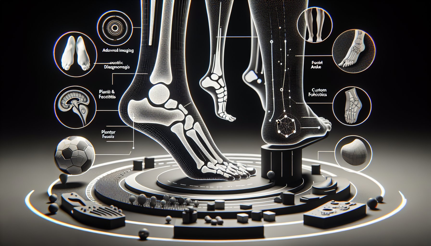 Podiatrist diagnosing foot and ankle problems using advanced imaging techniques for conditions like plantar fasciitis and custom orthotics.