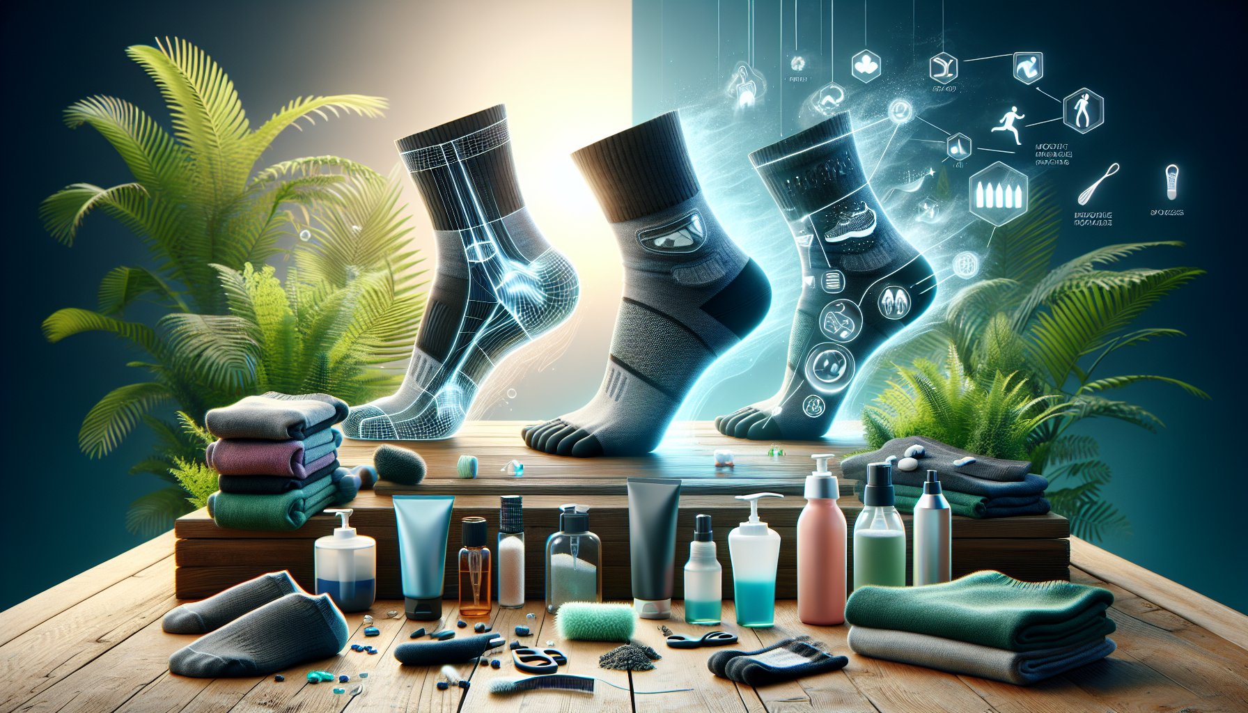 Illustration highlighting foot hygiene tips, including moisture-wicking socks and post-exercise foot care rituals.