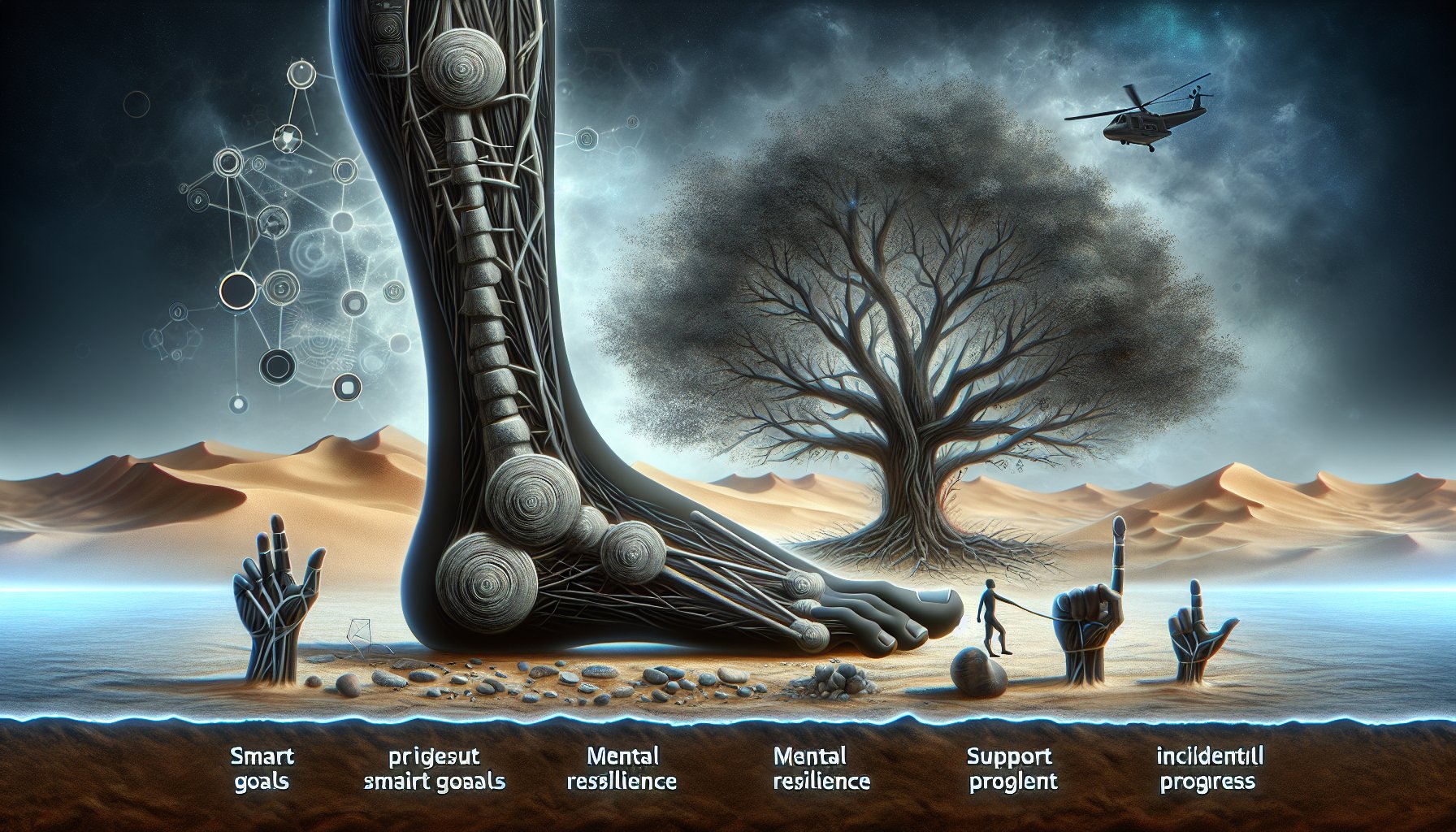 Guide to setting SMART goals for plantar fasciitis recovery, emphasizing mental resilience and incremental progress with support.