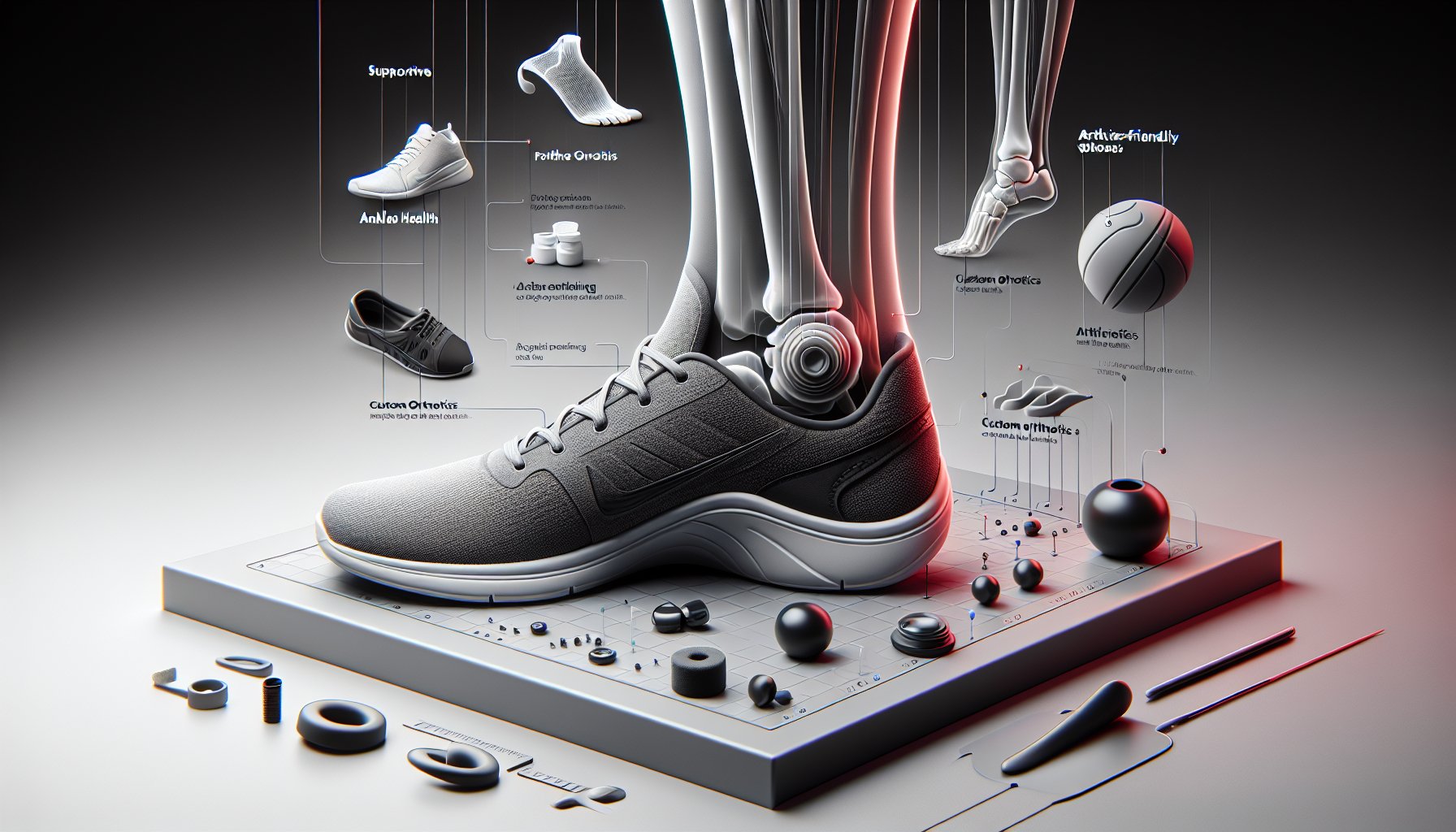 Guide on selecting supportive footwear for ankle health, featuring arthritis-friendly shoes and custom orthotics trends.