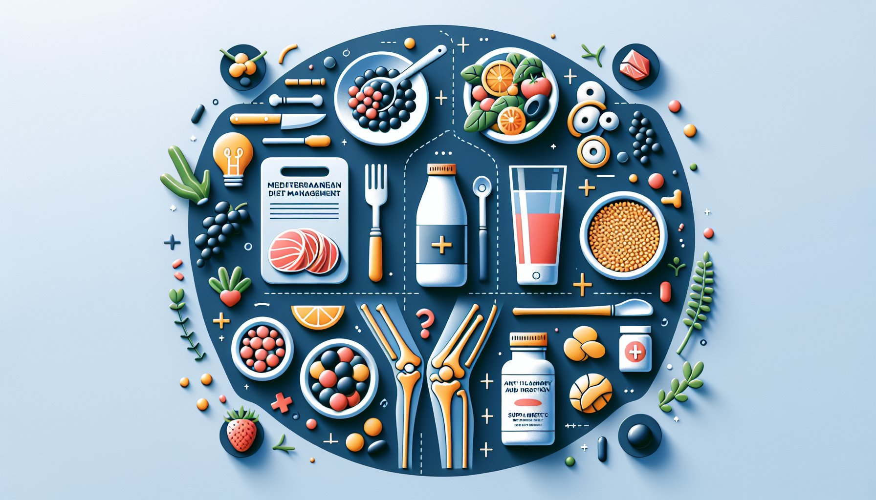 Nutrition tips for arthritis management, highlighting Mediterranean diet, anti-inflammatory foods, and supplements for joint health.