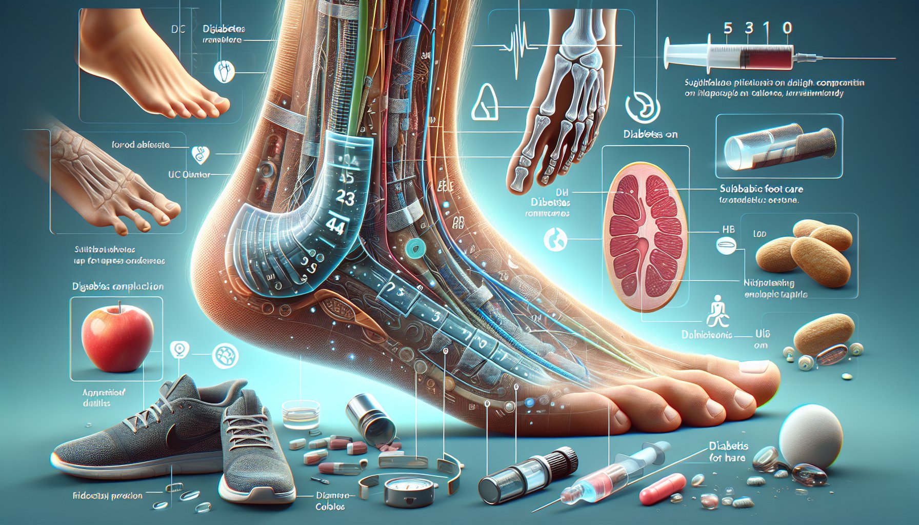 Guide to diabetic foot care routine, emphasizing proper footwear, nutrition, and preventing diabetes complications for foot health.