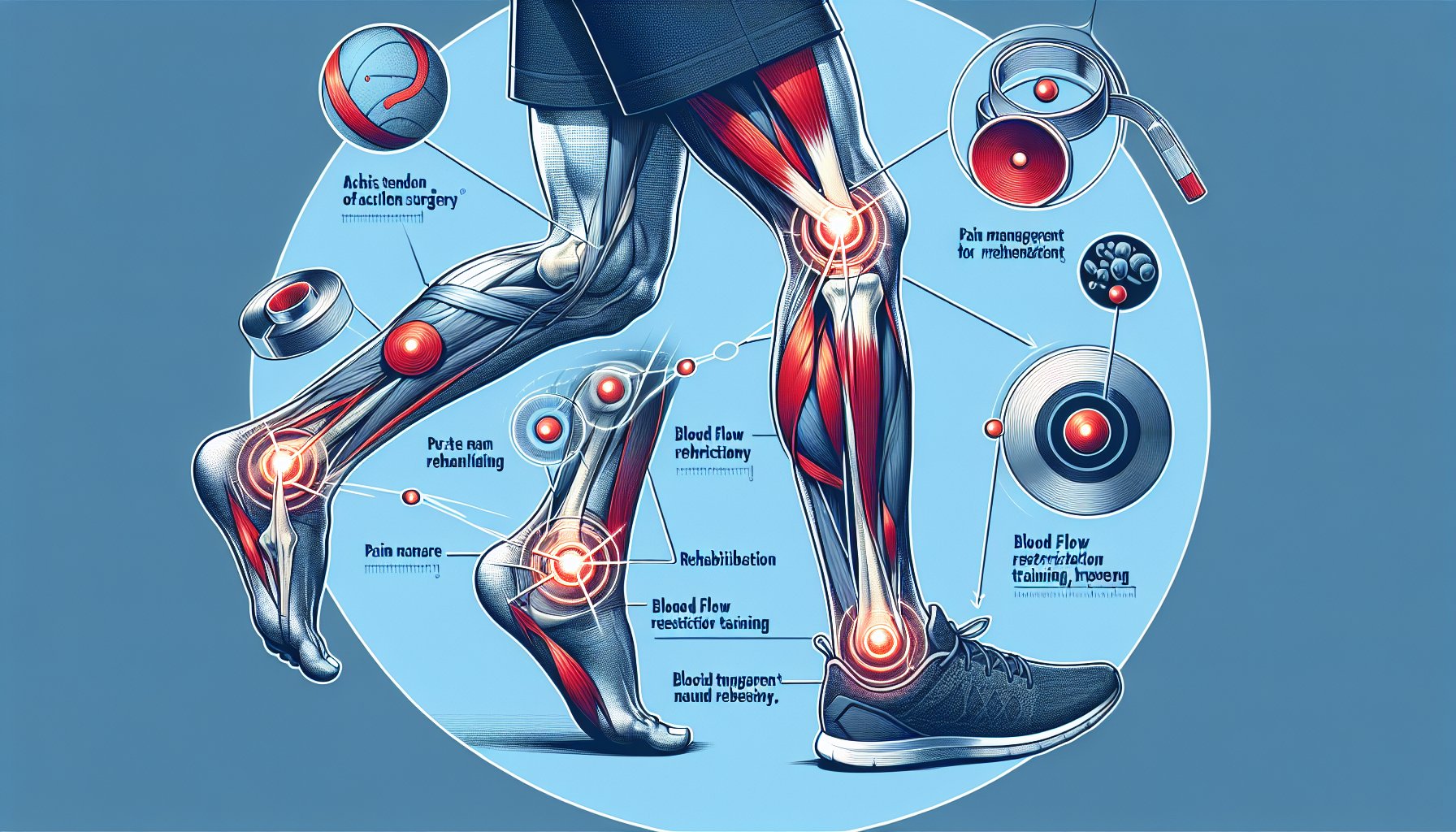 Rehabilitation roadmap for safe sports return post-Achilles tendon surgery, highlighting pain management and re-injury prevention.