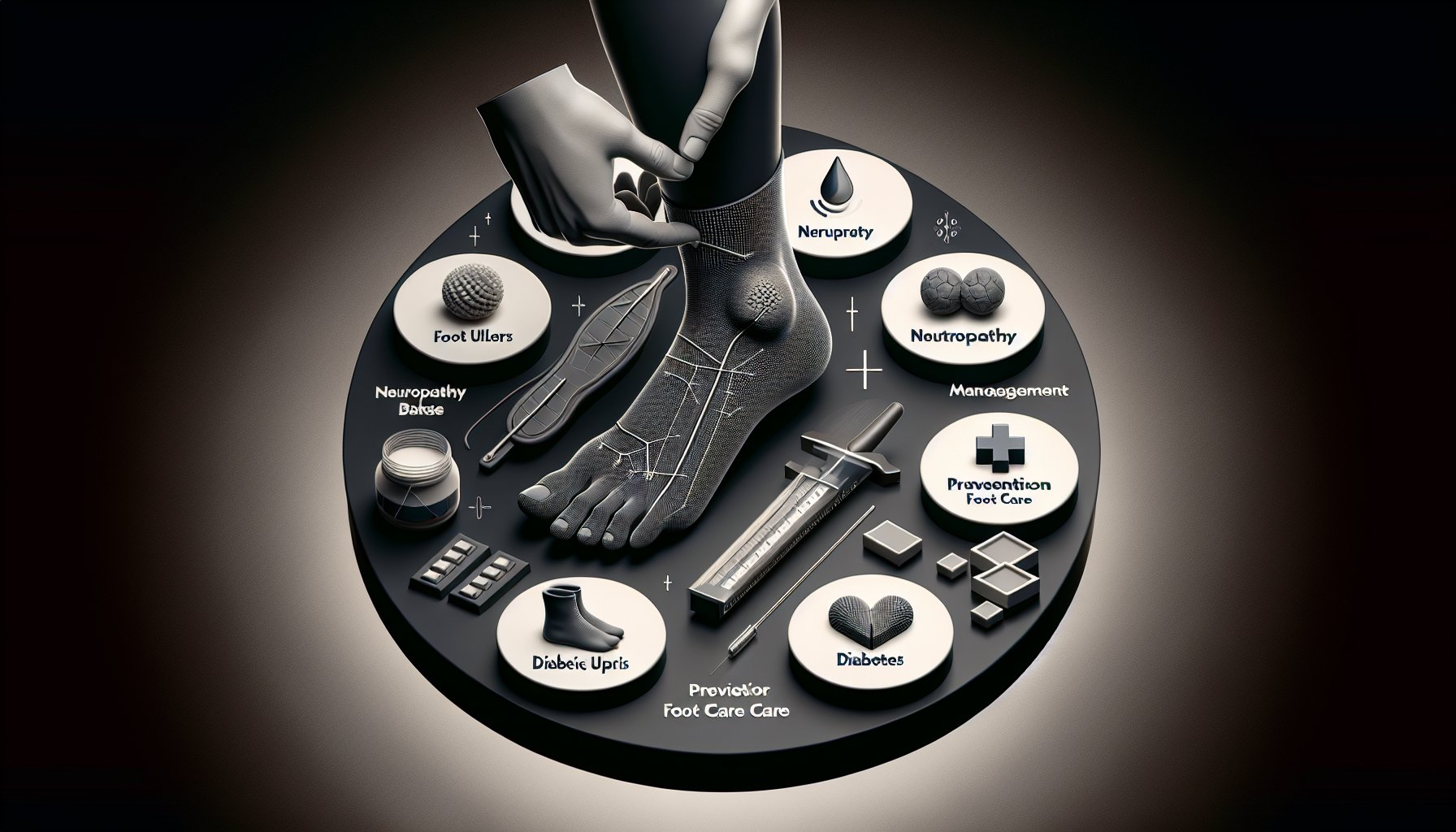 Guide on diabetic foot health, covering foot ulcers, neuropathy management, and preventive foot care for diabetes complications.