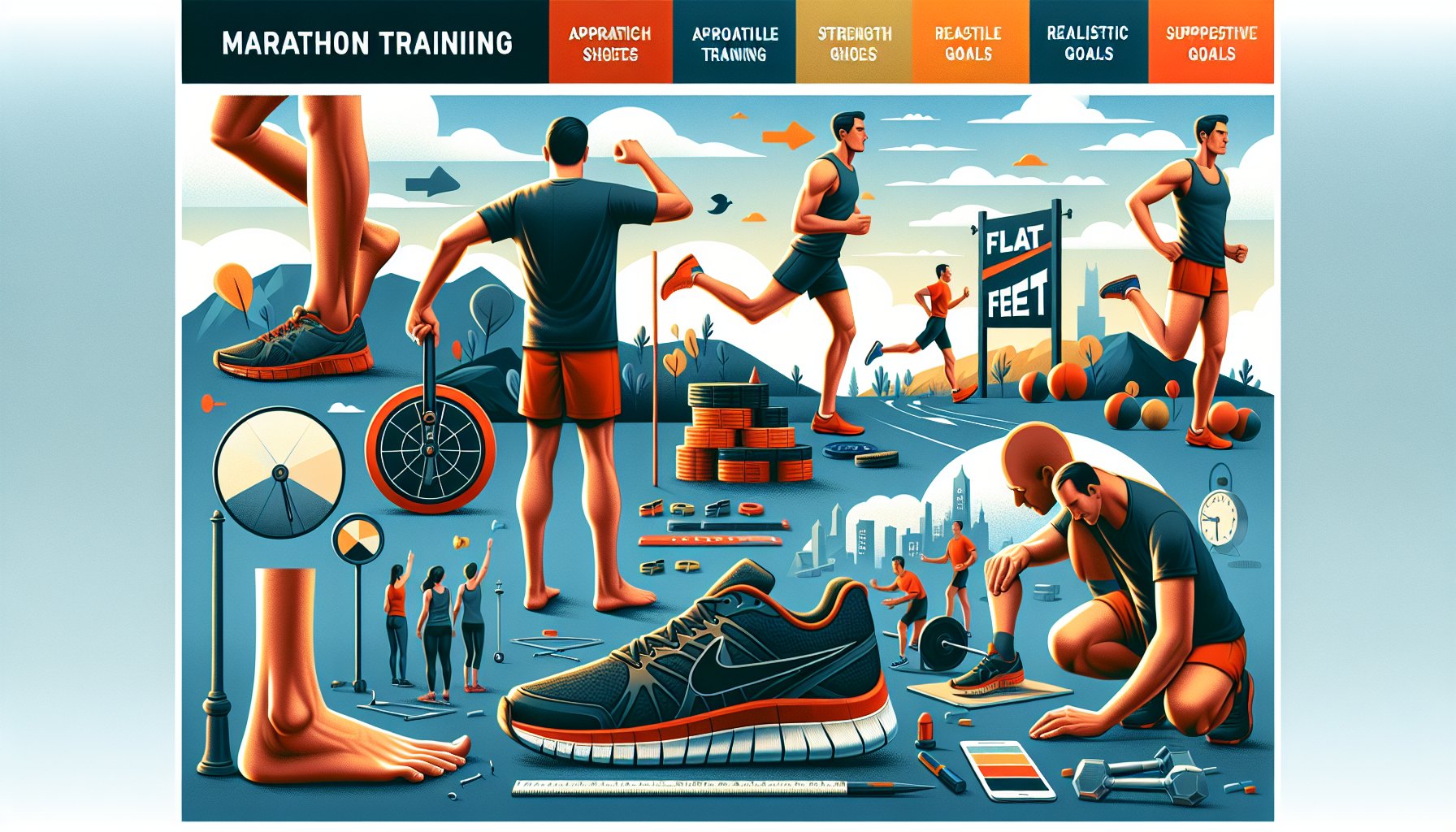 Flat feet marathon training tips, including supportive shoes, strength exercises, and community support for realistic goals.