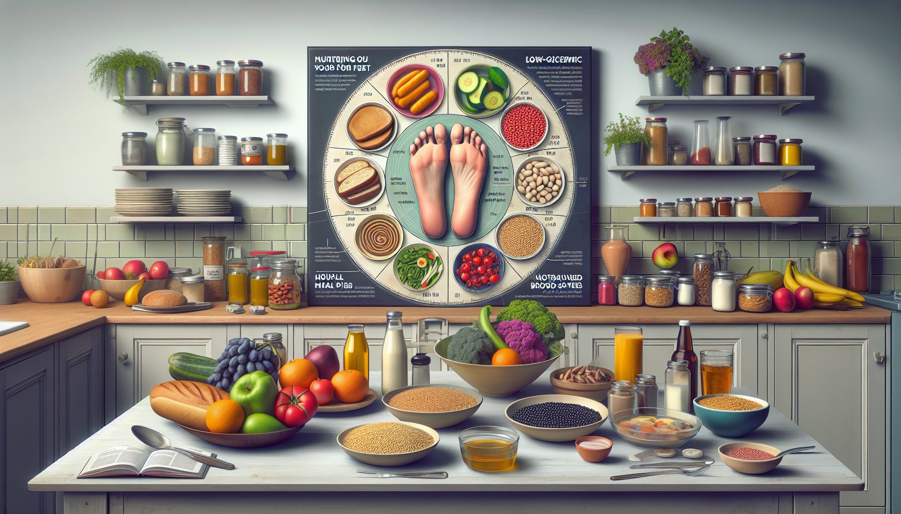 A colorful kitchen scene showcasing a meal plan with low-glycemic foods for nurturing foot health through diet.