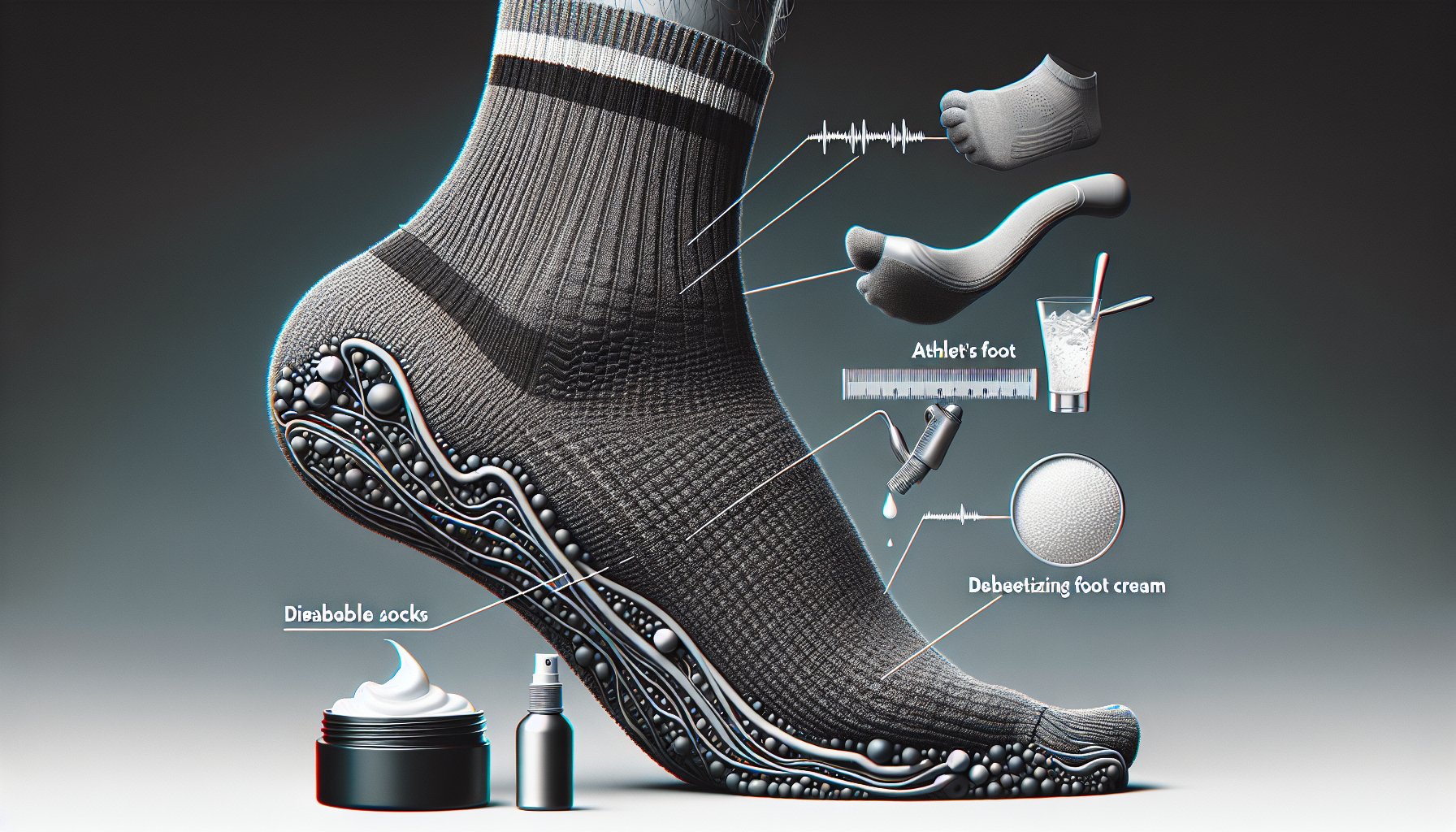 Essential foot care products for hygiene: moisturizing cream, breathable socks, and athlete's foot prevention for diabetics.