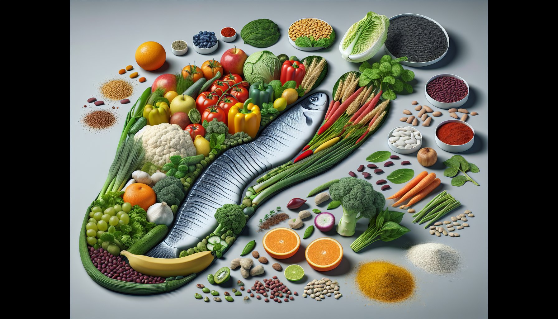 Illustration showing the impact of diet, including Mediterranean cuisine and fiber, on managing chronic conditions and health.