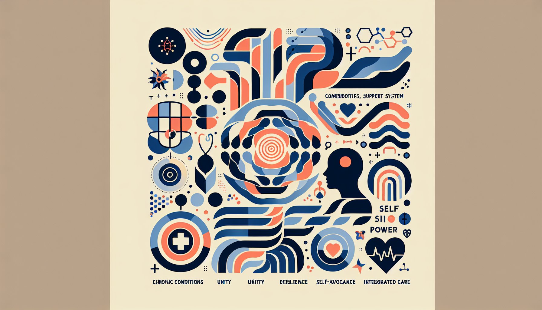 Visual guide on building a support system for chronic conditions and comorbidities through self-advocacy and integrated care.