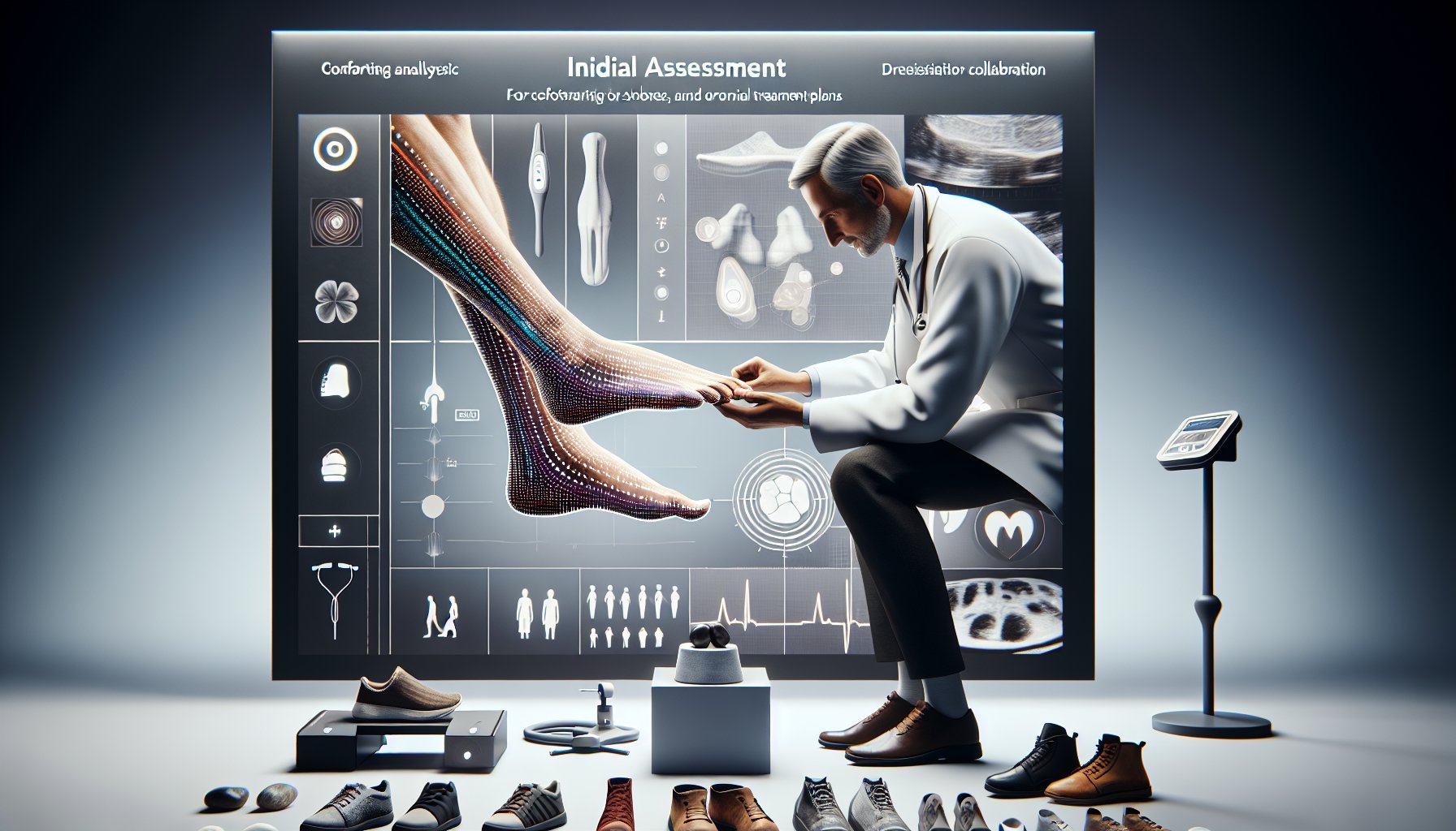 Step-by-step guide for podiatry initial assessment, focusing on footwear analysis and personalized treatment plans for patient engagement.