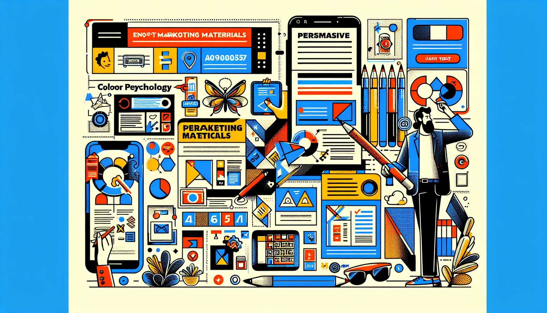 Colorful marketing materials showcasing typography design, persuasive calls to action, and cross-channel consistency tips.