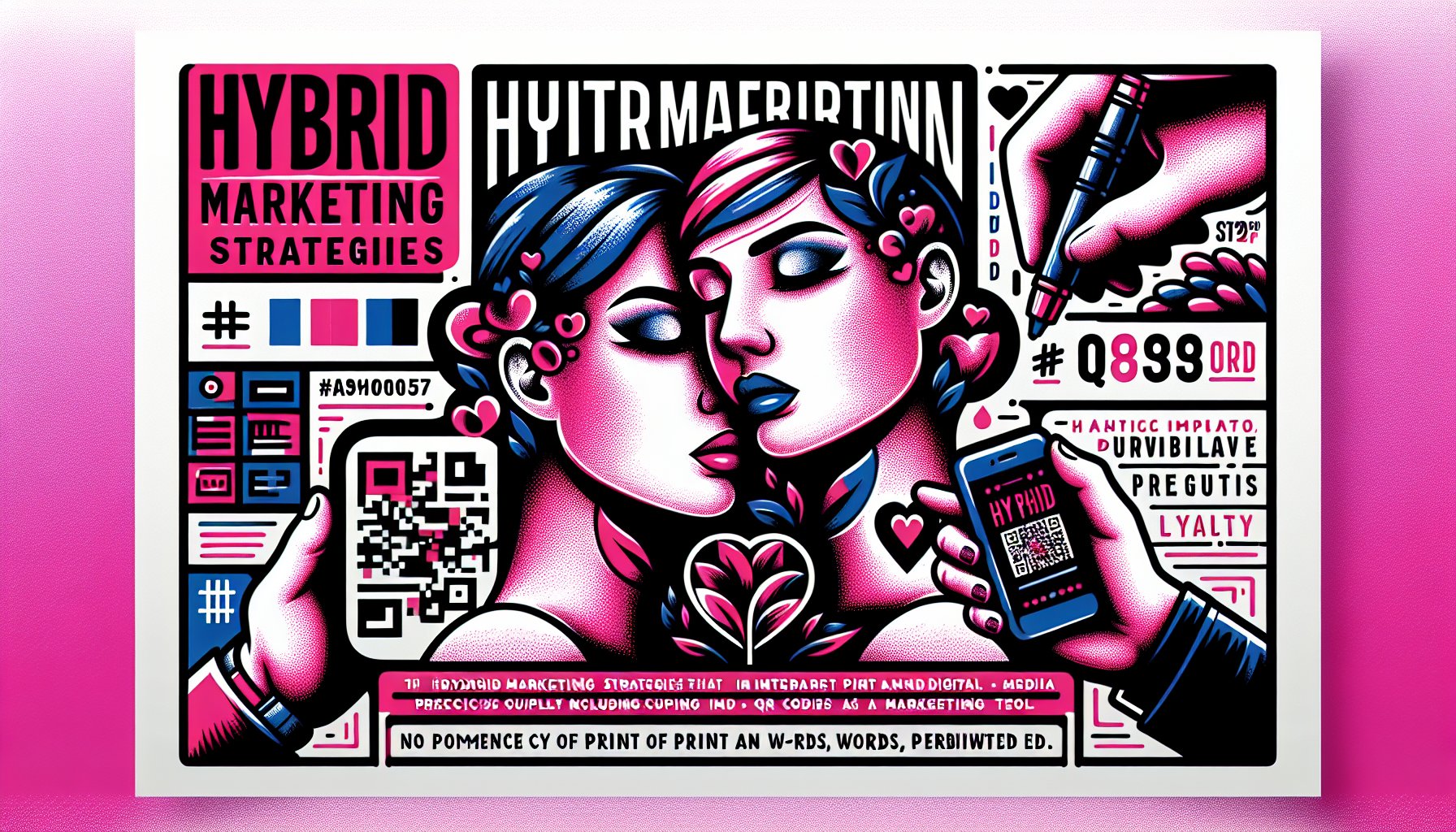 Visual guide on integrating print and digital marketing using QR codes for hybrid strategies and enhancing brand loyalty.