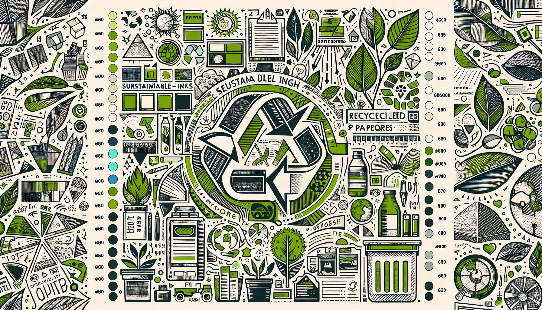 Eco-friendly printing using sustainable inks, recycled paper, renewable energy, and green packaging for businesses.