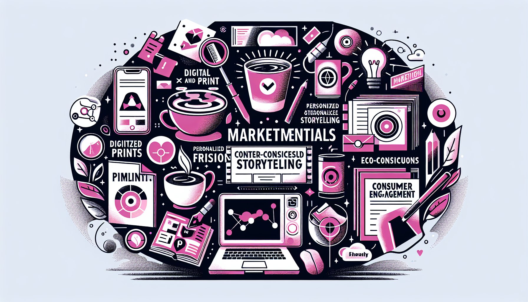 Effective marketing materials blending digital and print, featuring personalized storytelling and eco-conscious strategies for 2025.