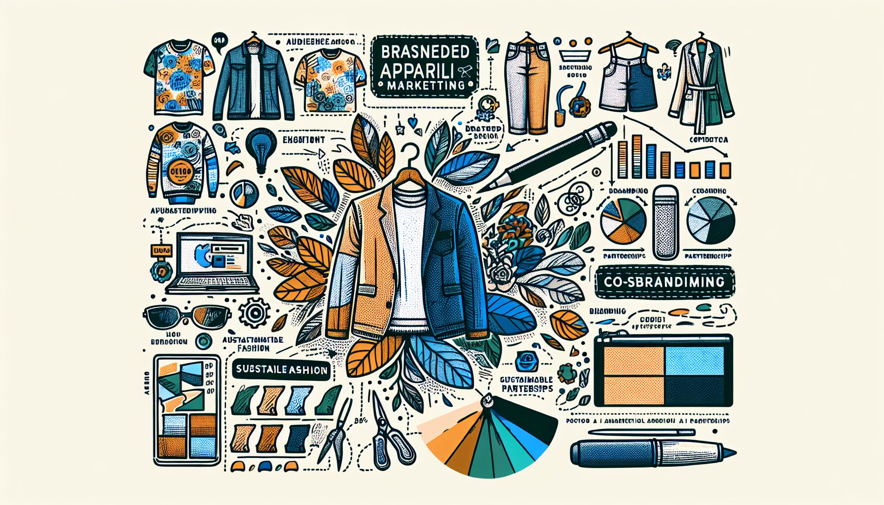 Branded apparel marketing strategies for audience segmentation, sustainable fashion, and co-branding partnerships to enhance brand identity.